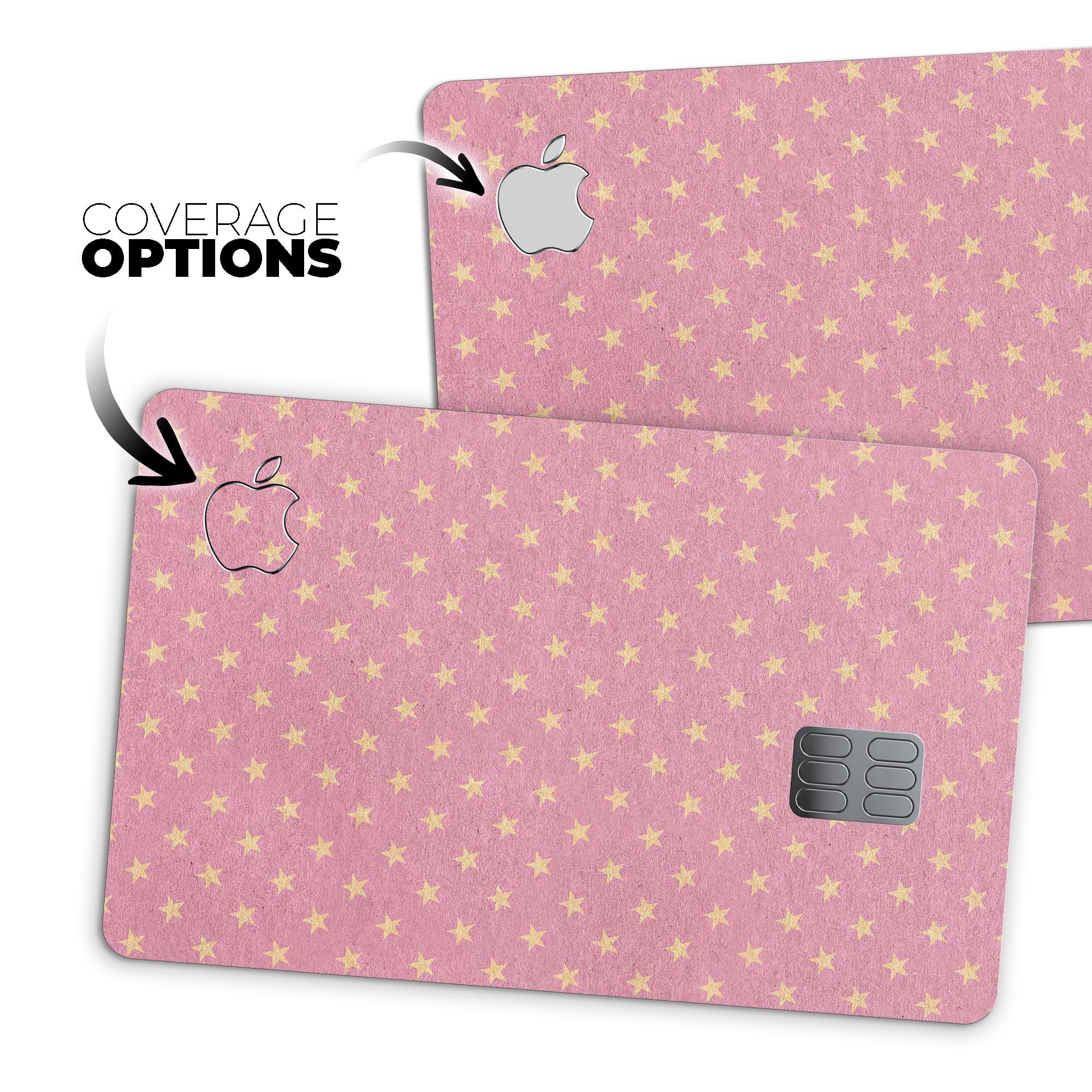 Golden Micro Stars skin kit for Apple Card, featuring a pink background and premium vinyl material for protection.