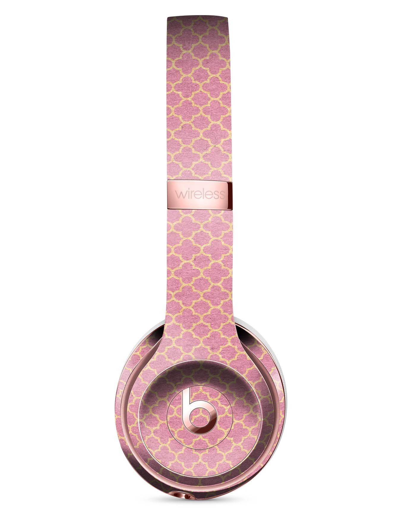 Golden Moroccan Over Pink Full-Body Skin Kit for Beats by Dre Solo 3 Wireless Headphones, showcasing intricate patterns and vibrant colors.