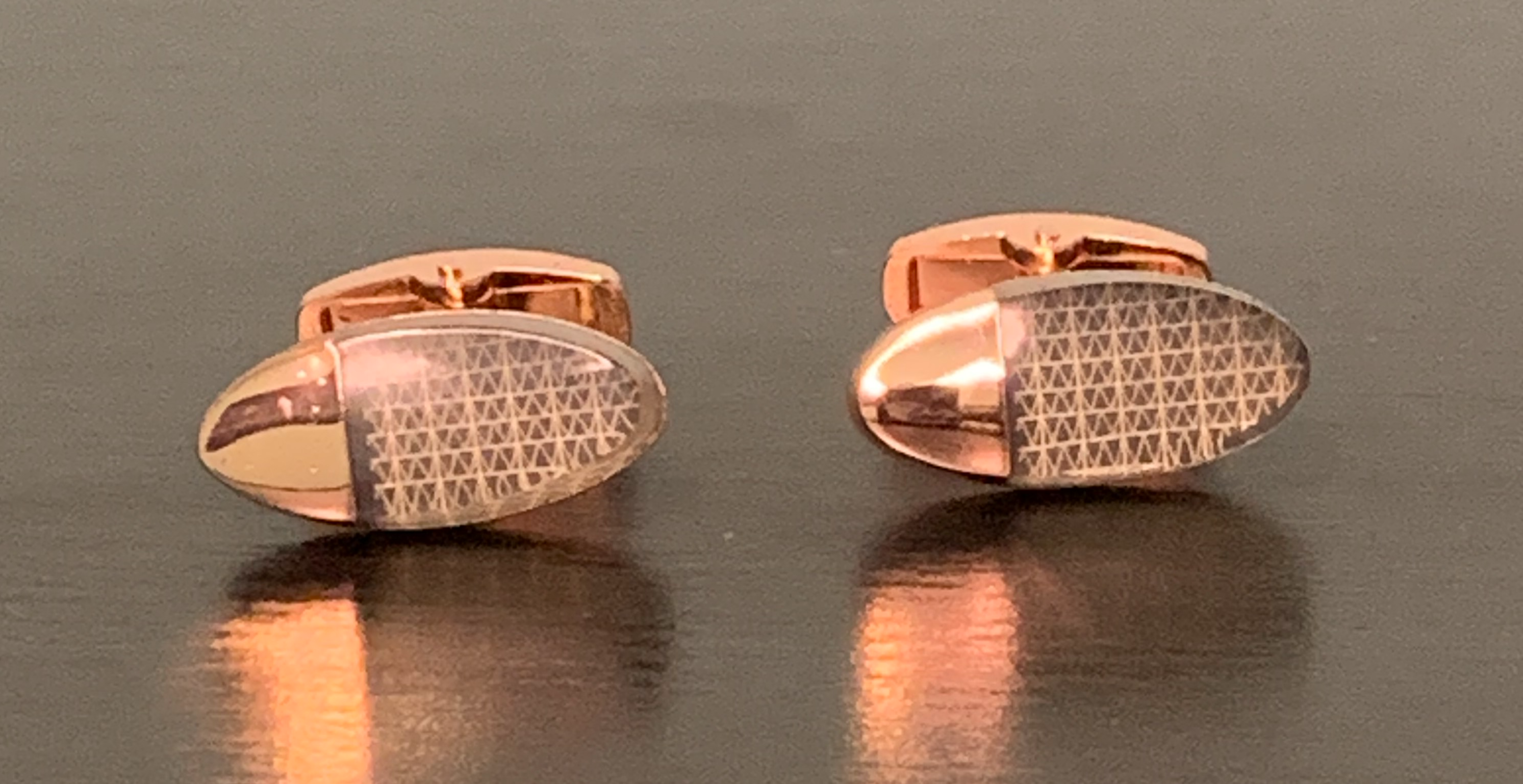 Elegant Golden Pill Cufflinks with a rose gold finish and looking glass pattern, perfect for formal occasions.