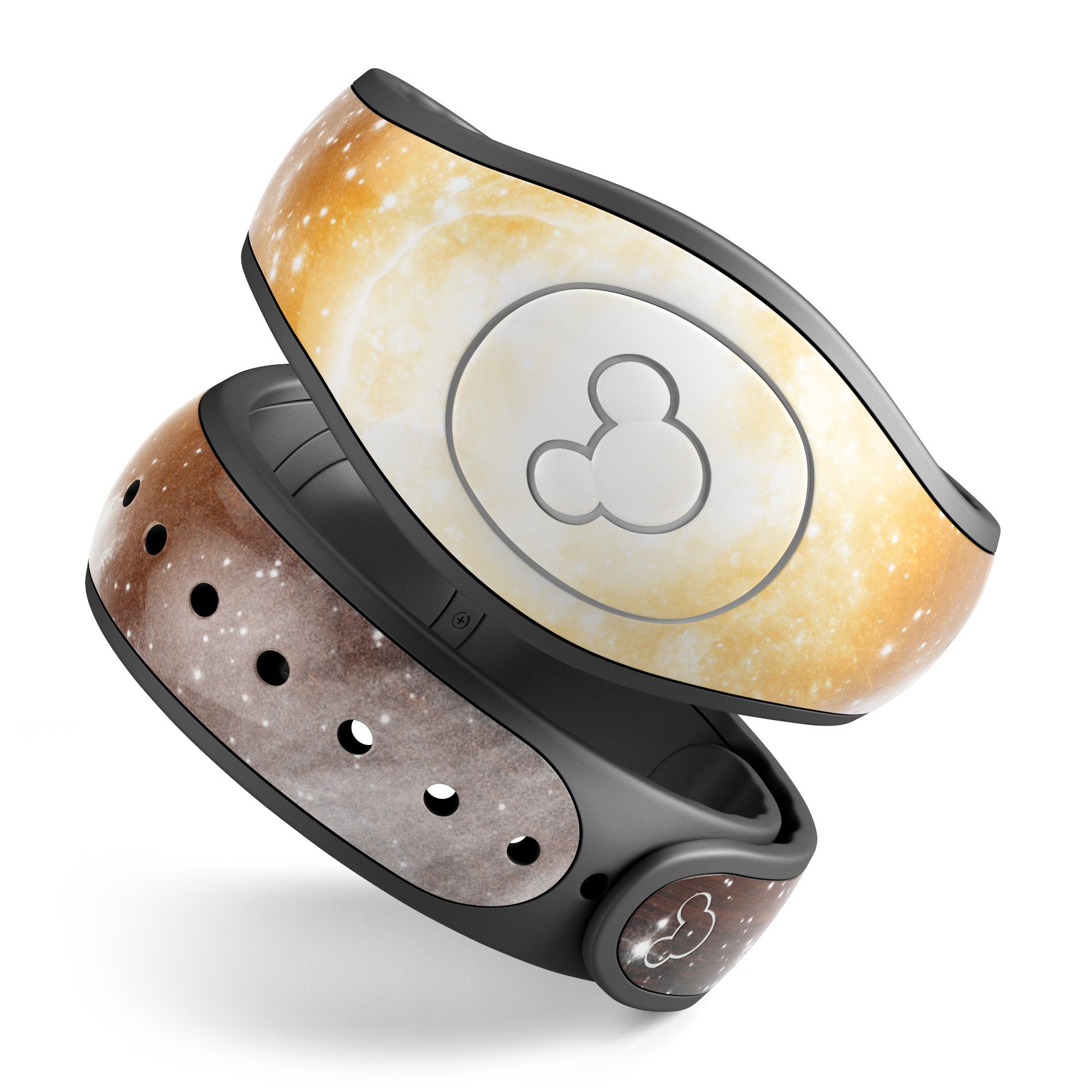 Golden Space Swirl decal skin wrap kit for Disney Magic Band, showcasing vibrant colors and unique design.