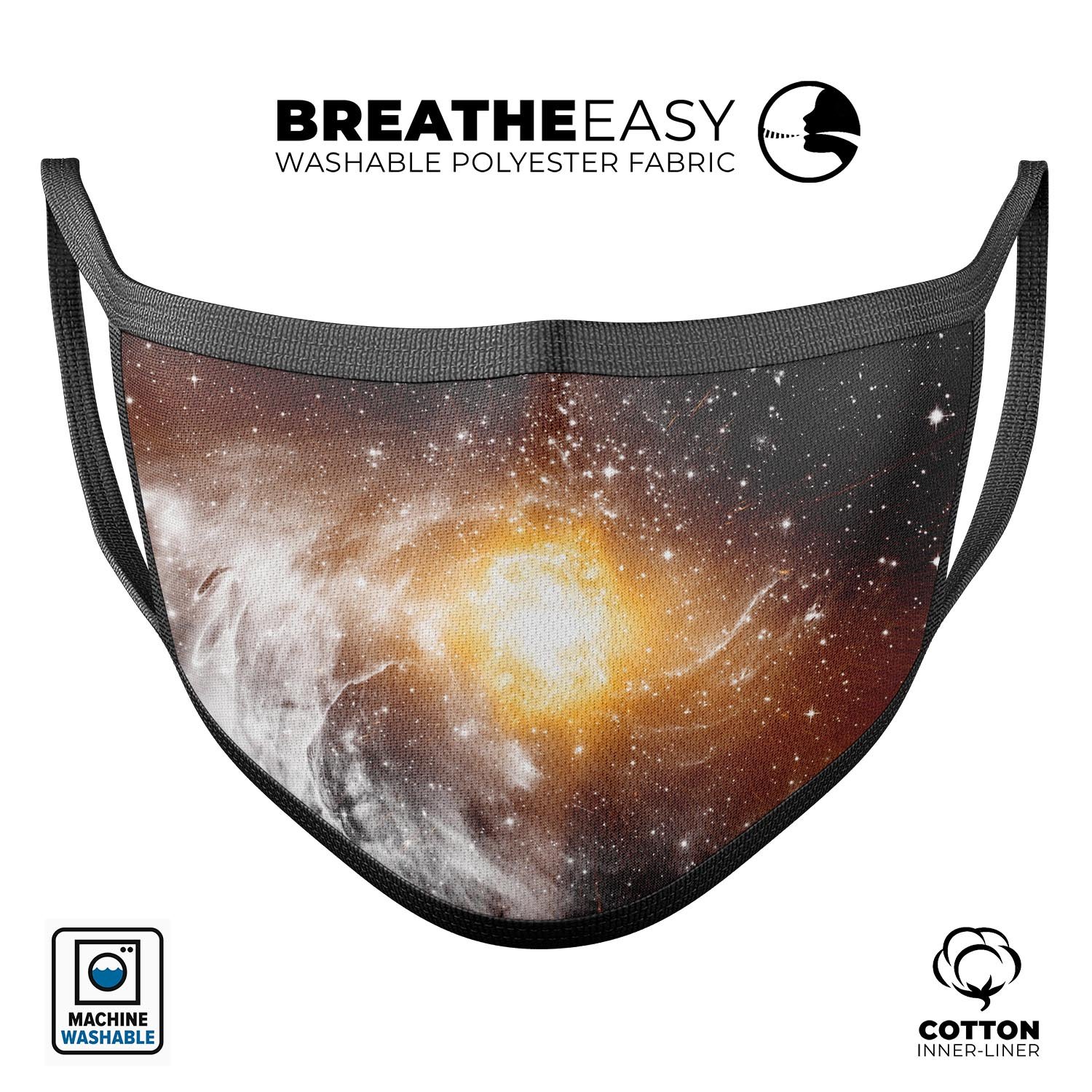 Golden Space Swirl unisex mouth cover made of cotton, featuring a vibrant swirl design, adjustable ear loops, and a comfortable fit.