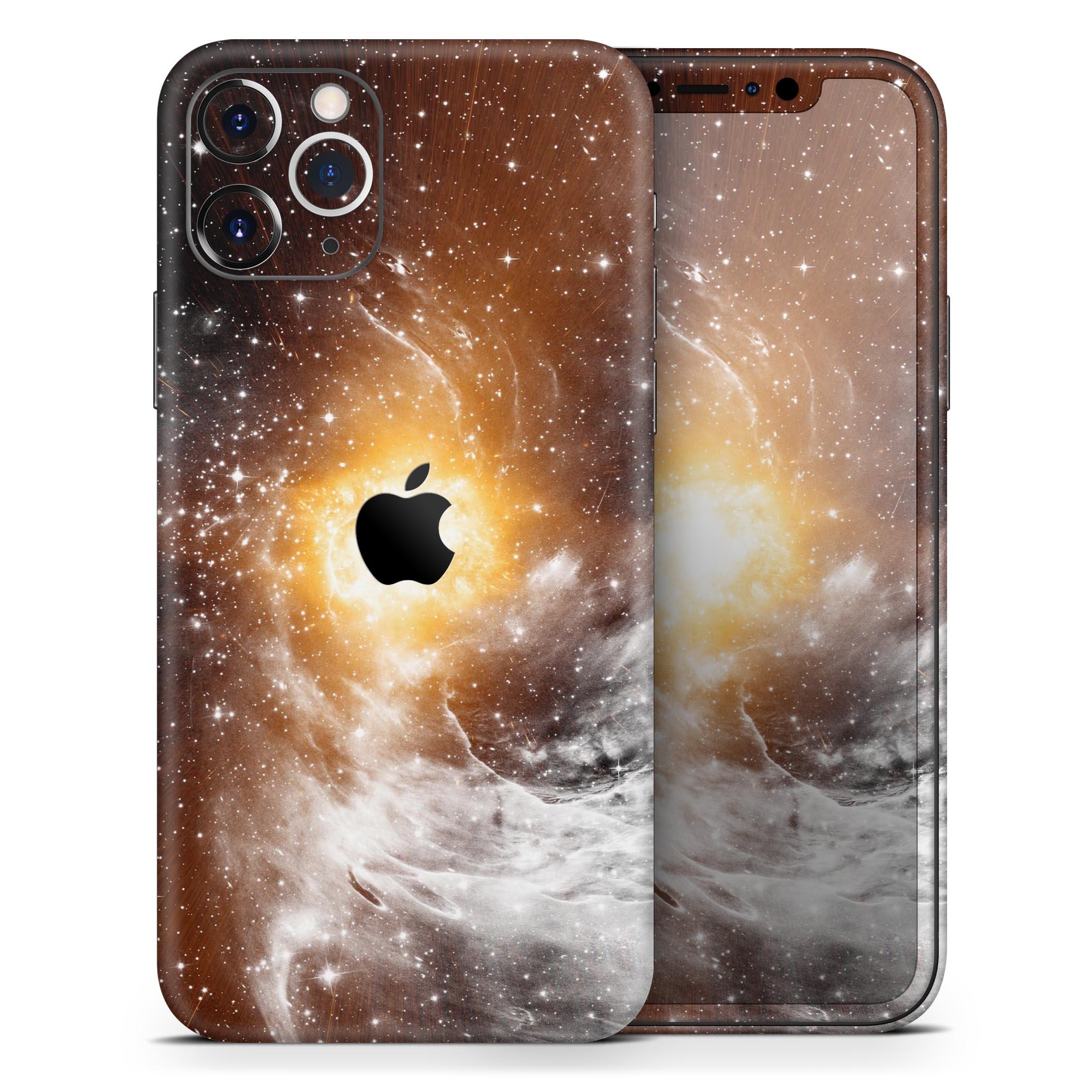 Golden Space Swirl Skin-Kit for Apple iPhone 13, showcasing vibrant colors and sleek design.