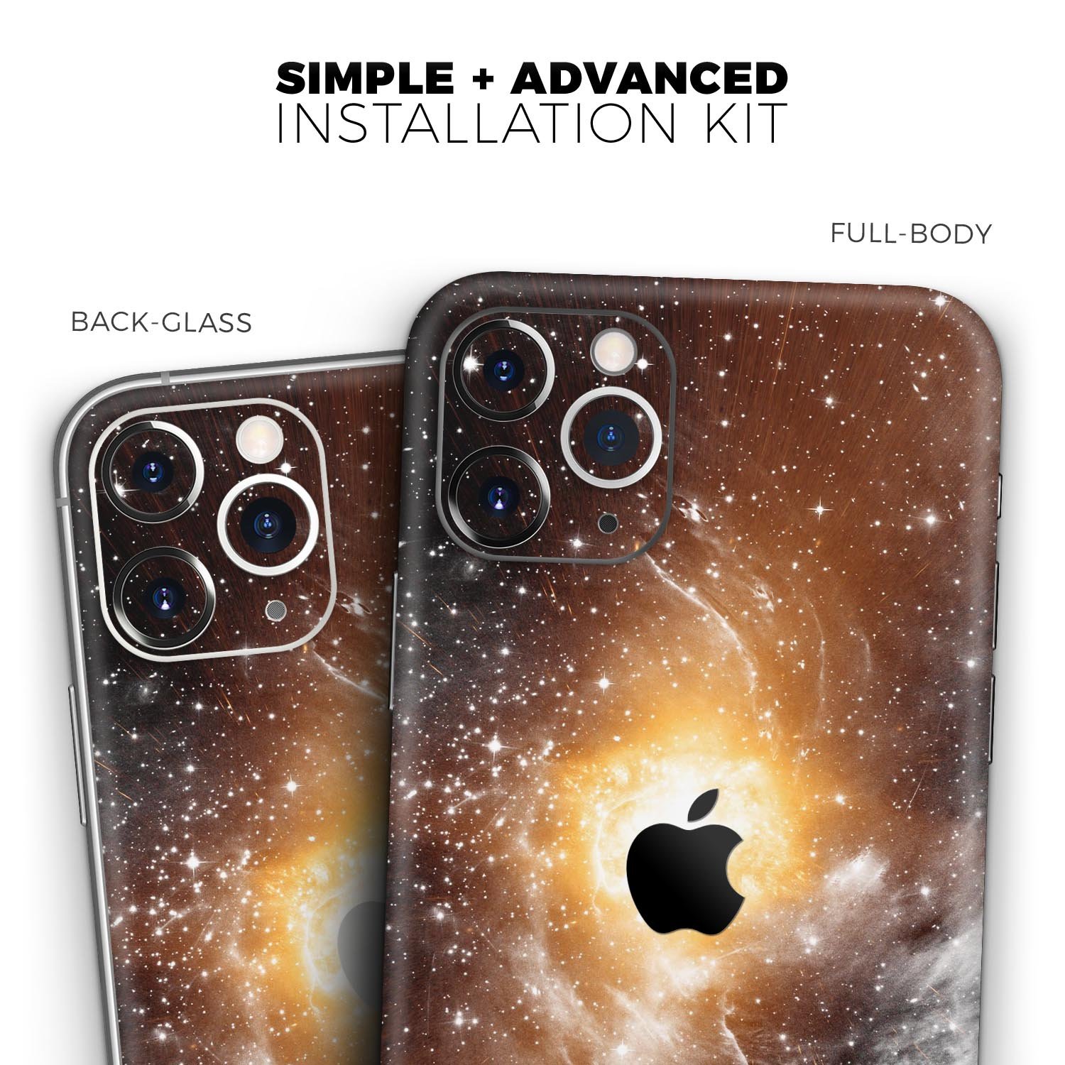 Golden Space Swirl Skin-Kit for Apple iPhone 13, showcasing vibrant colors and sleek design.