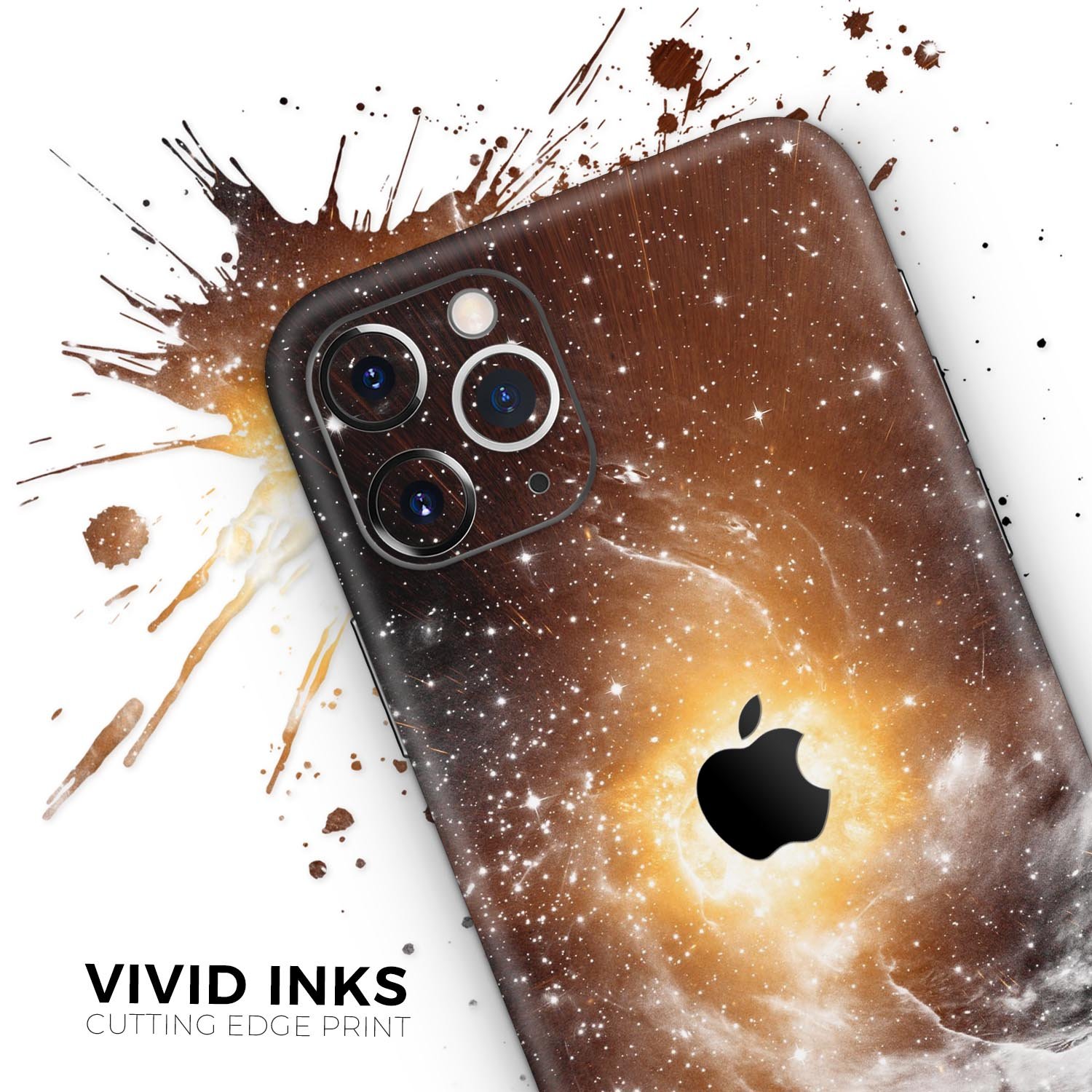 Golden Space Swirl Skin-Kit for Apple iPhone 13, showcasing vibrant colors and sleek design.