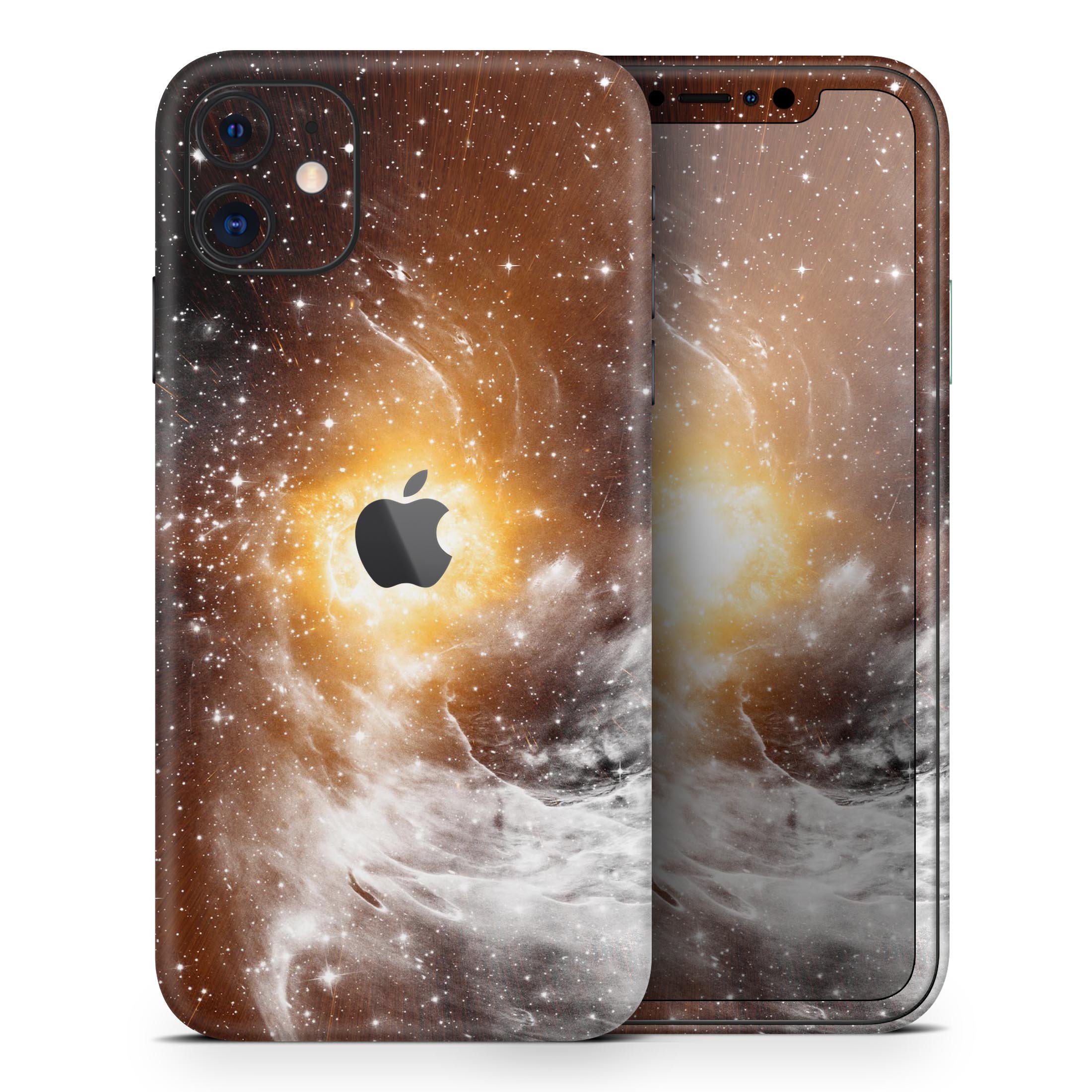 Golden Space Swirl Skin-Kit for Apple iPhone 13, showcasing vibrant colors and sleek design.