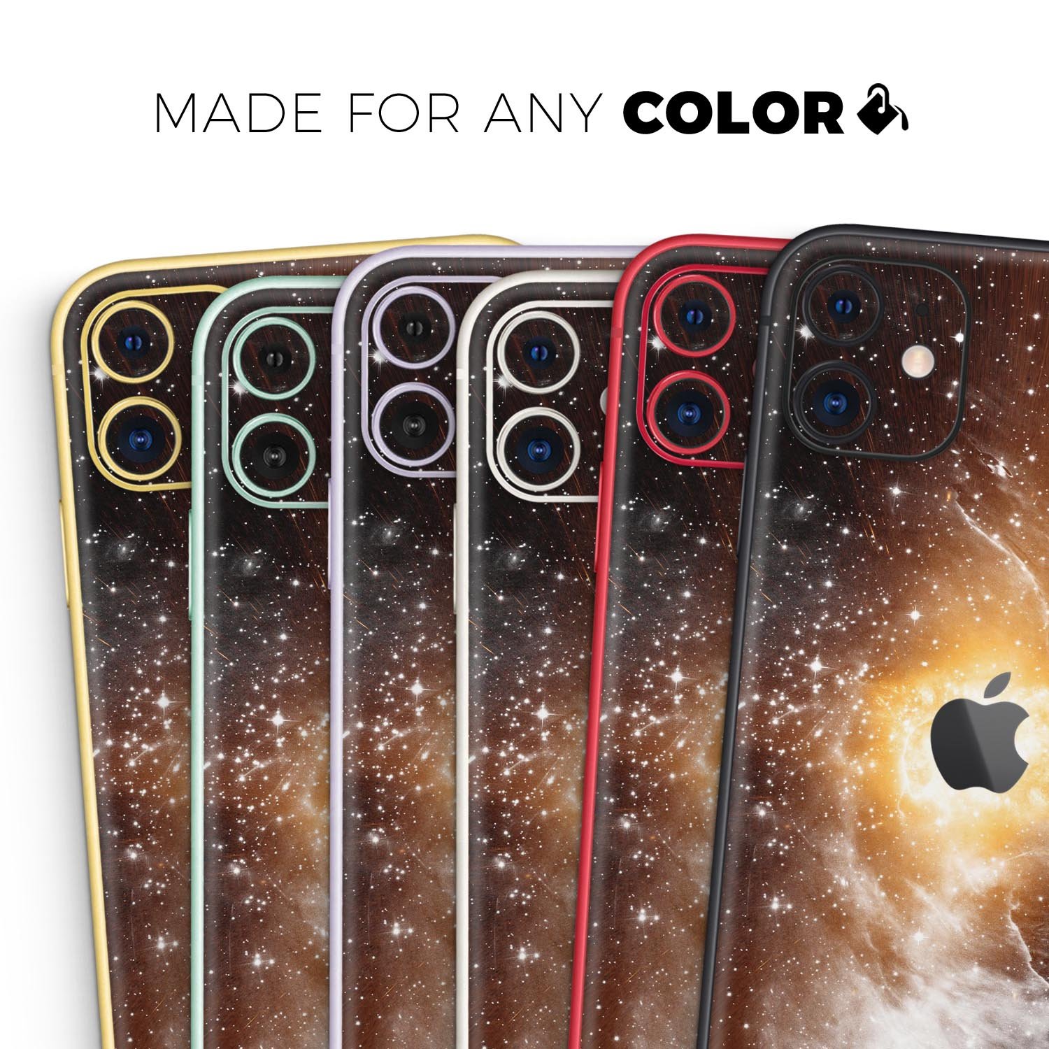 Golden Space Swirl Skin-Kit for Apple iPhone 13, showcasing vibrant colors and sleek design.