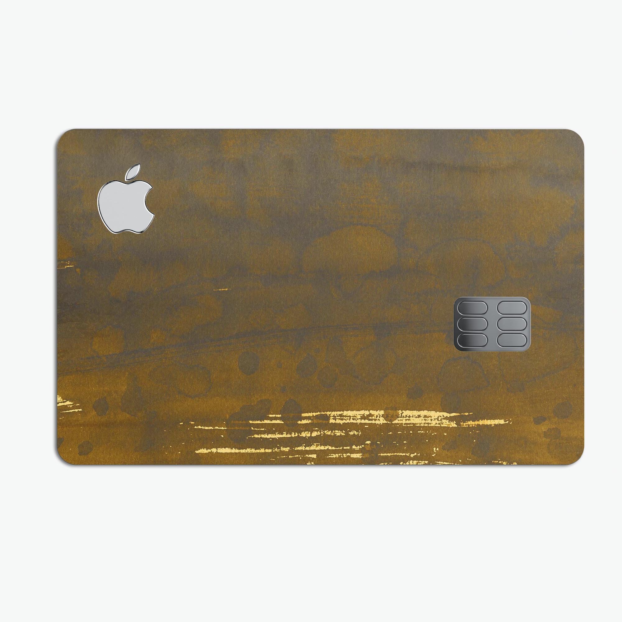 Golden Stained Splattered Premium Decal Skin-Kit for Apple Card, showcasing its vibrant design and protective features.