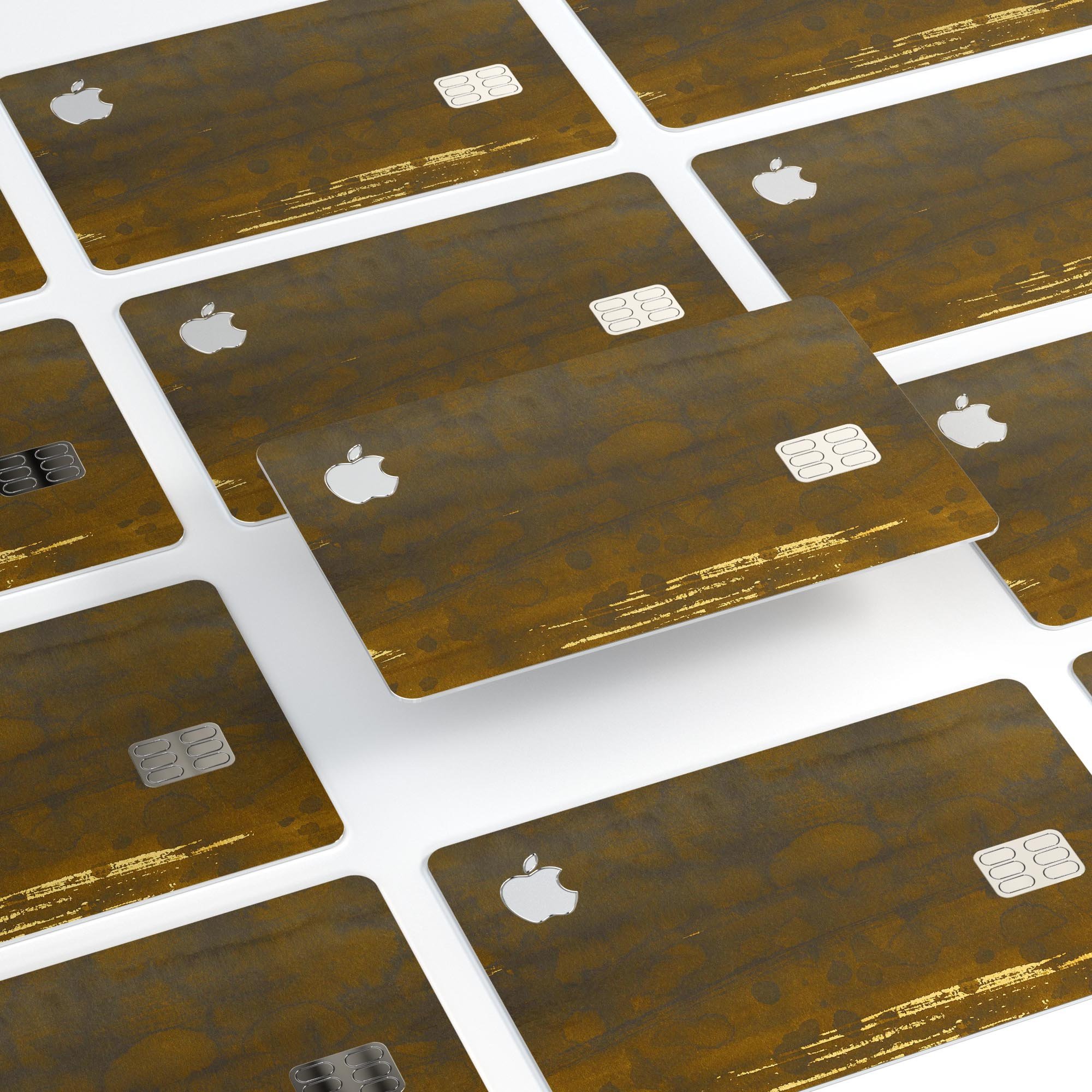 Golden Stained Splattered Premium Decal Skin-Kit for Apple Card, showcasing its vibrant design and protective features.