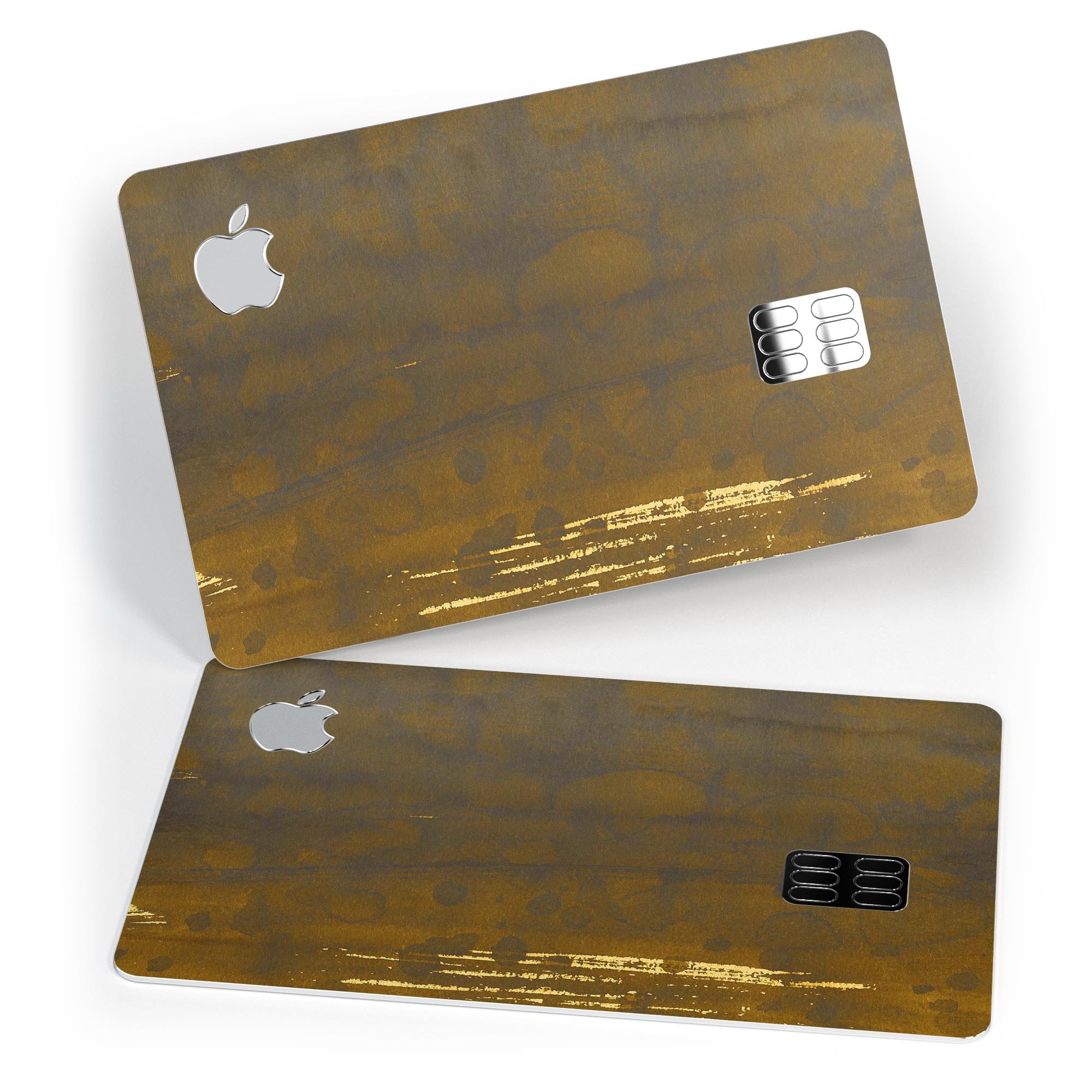 Golden Stained Splattered Premium Decal Skin-Kit for Apple Card, showcasing its vibrant design and protective features.