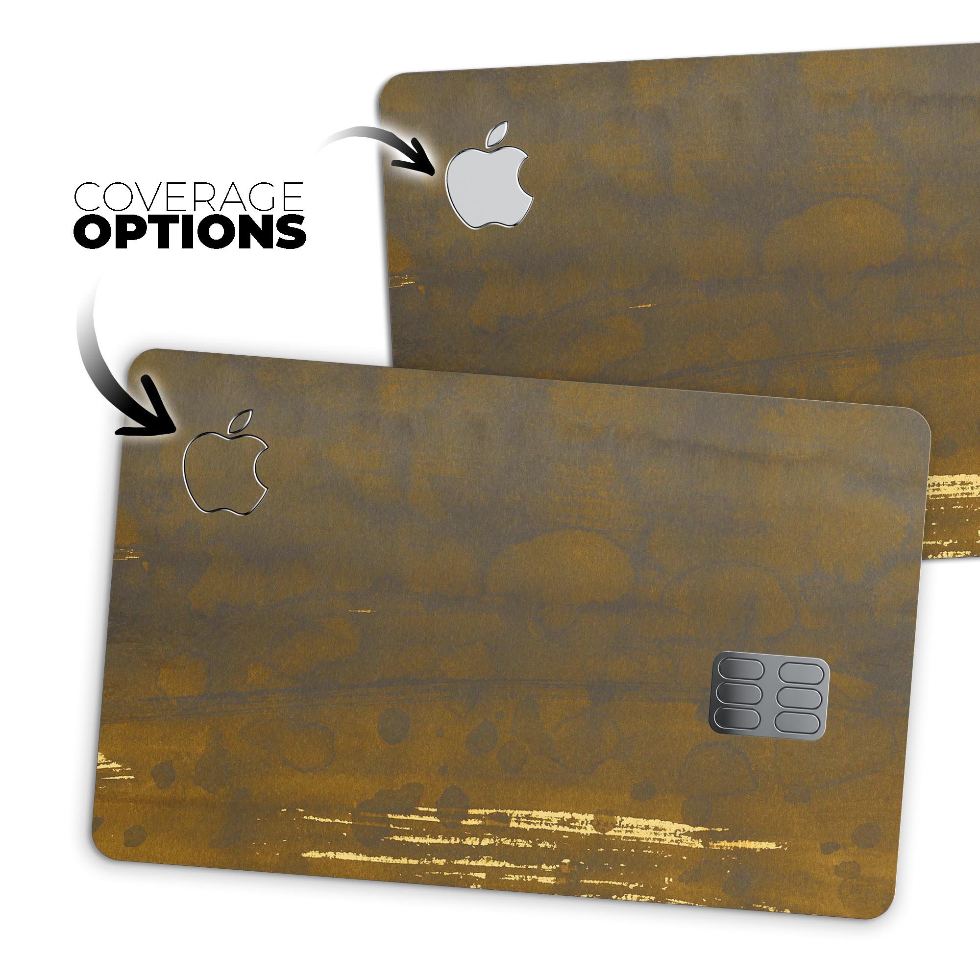 Golden Stained Splattered Premium Decal Skin-Kit for Apple Card, showcasing its vibrant design and protective features.