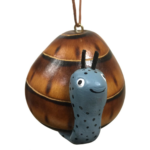 Hand-carved gourd snail ornament with ceramic accents, showcasing intricate design and craftsmanship.