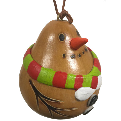 Hand-carved gourd snowman ornament with ceramic accents, showcasing intricate designs and craftsmanship.