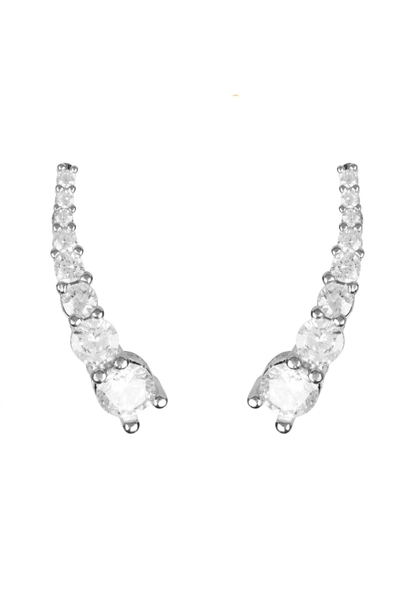 A pair of elegant graduated ear climbers in silver, featuring sparkling white cubic zirconia stones, designed to follow the curve of the ear.