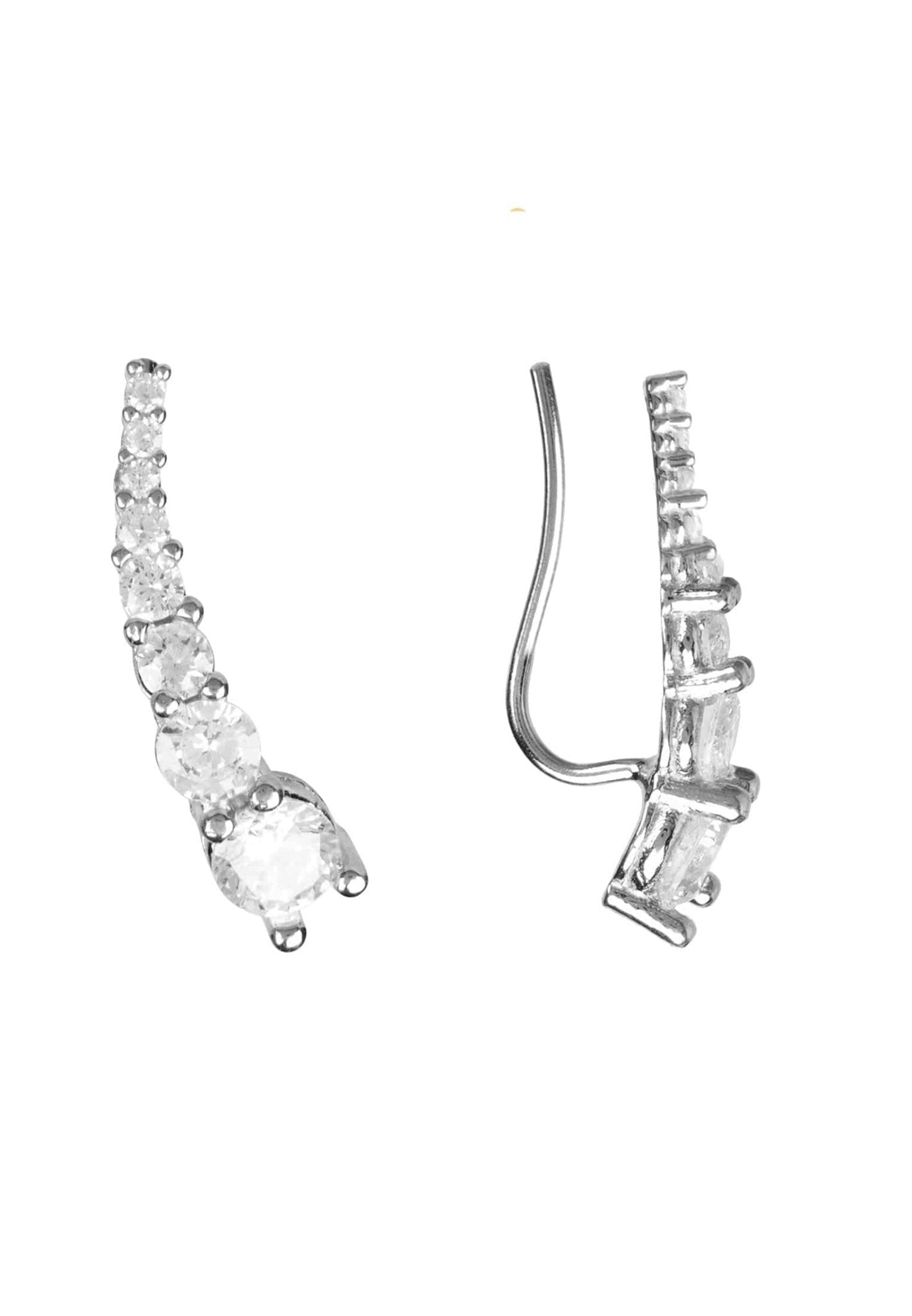 A pair of elegant graduated ear climbers in silver, featuring sparkling white cubic zirconia stones, designed to follow the curve of the ear.