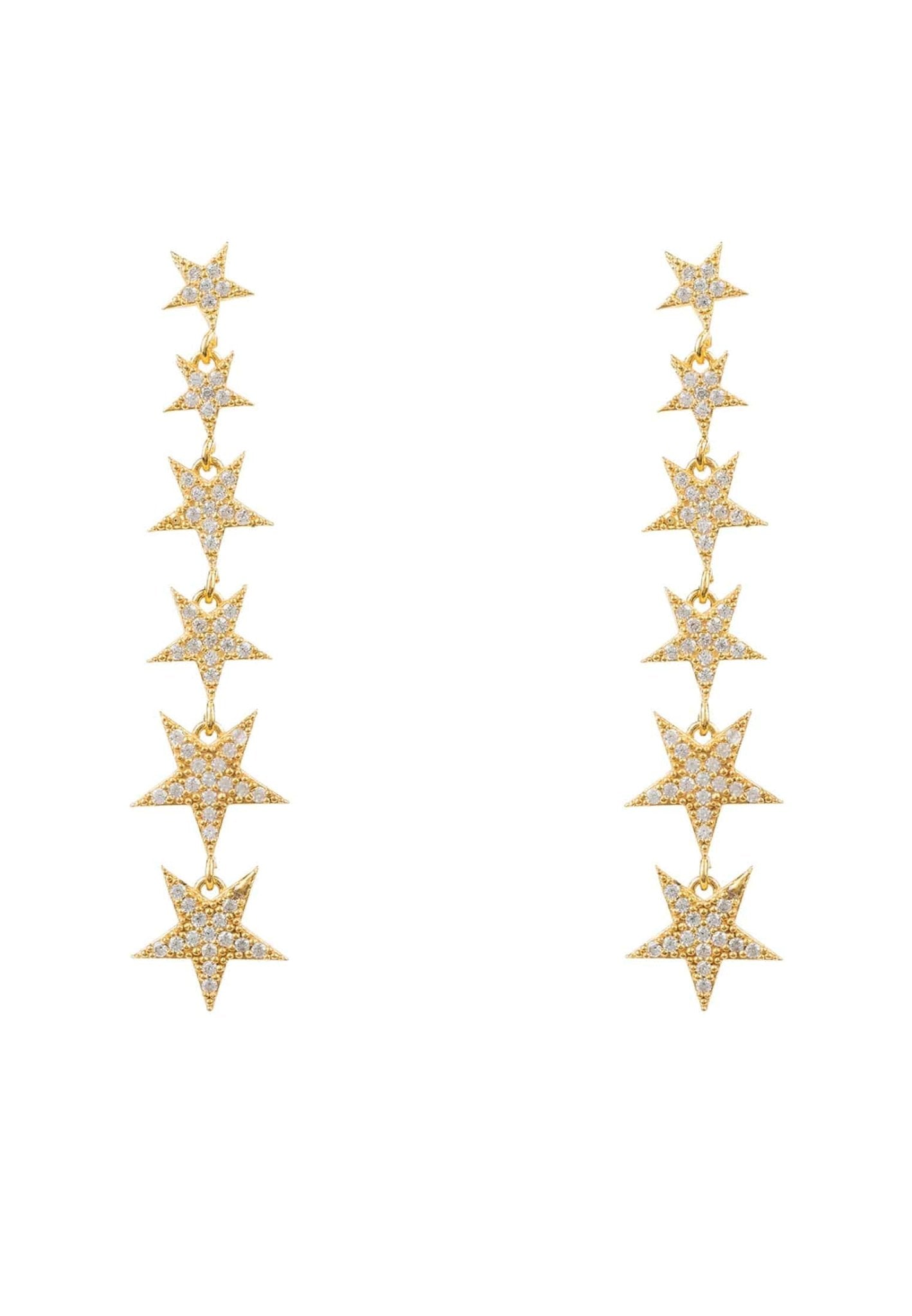 A pair of elegant graduated star drop earrings in gold, featuring six stars adorned with sparkling zircon detailing, hanging gracefully.