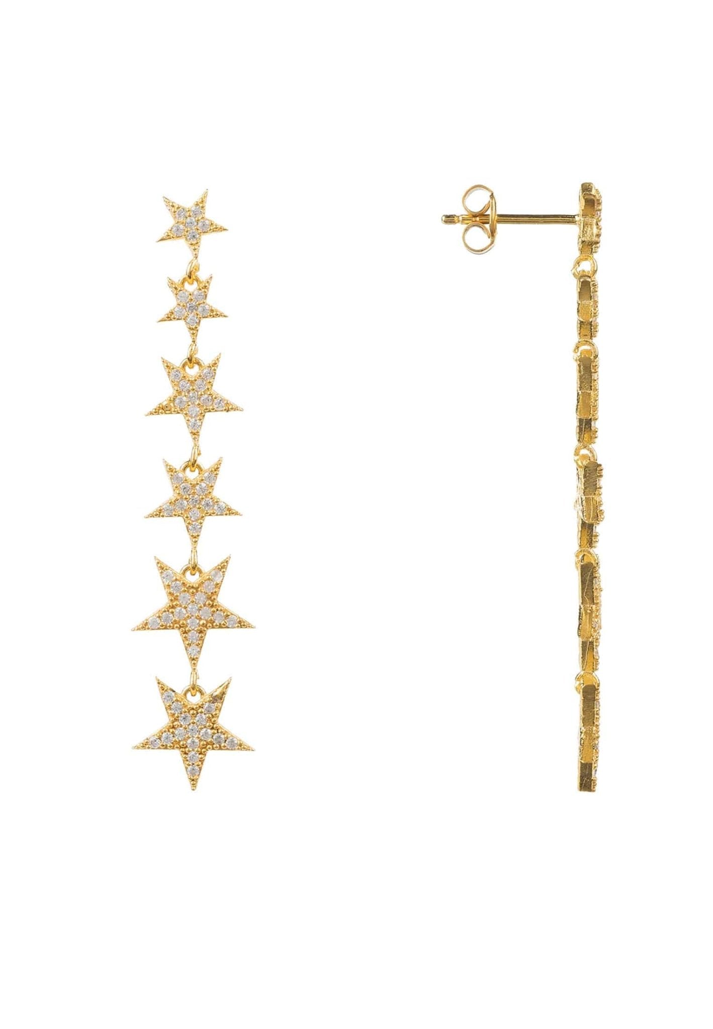 A pair of elegant graduated star drop earrings in gold, featuring six stars adorned with sparkling zircon detailing, hanging gracefully.