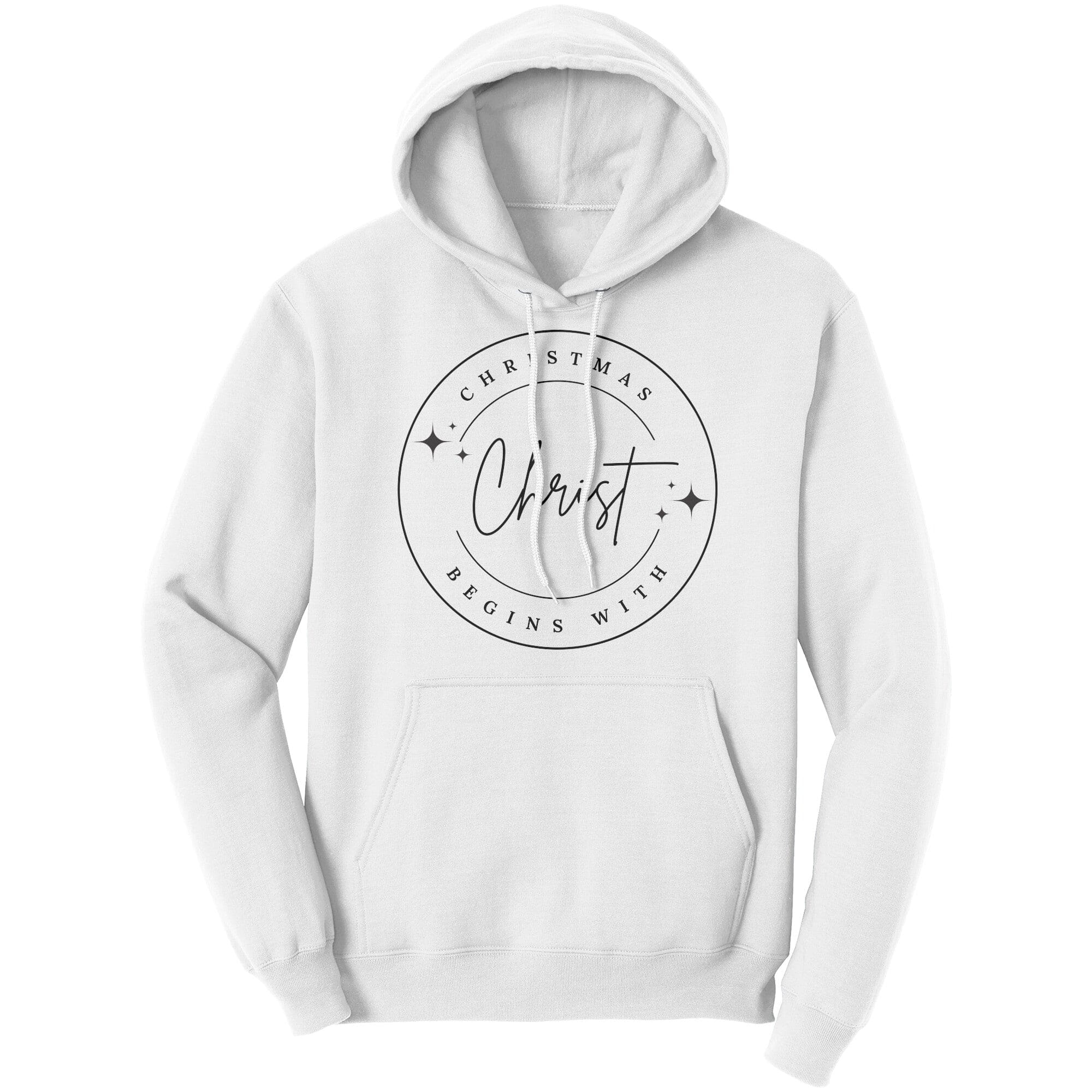 Black Graphic Hoodie featuring Christmas Begins with Christ design, made from soft cotton fleece material.