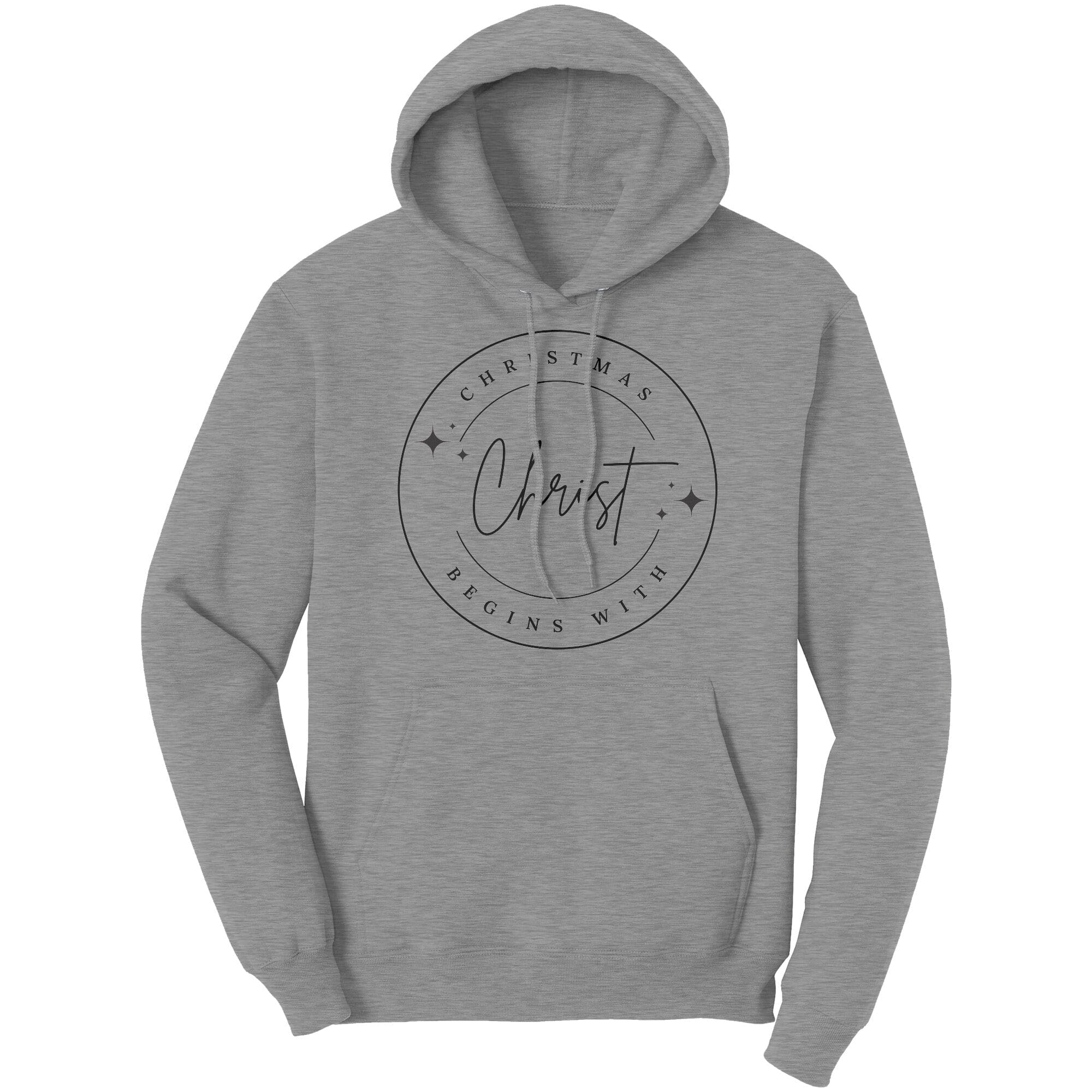 Black Graphic Hoodie featuring Christmas Begins with Christ design, made from soft cotton fleece material.