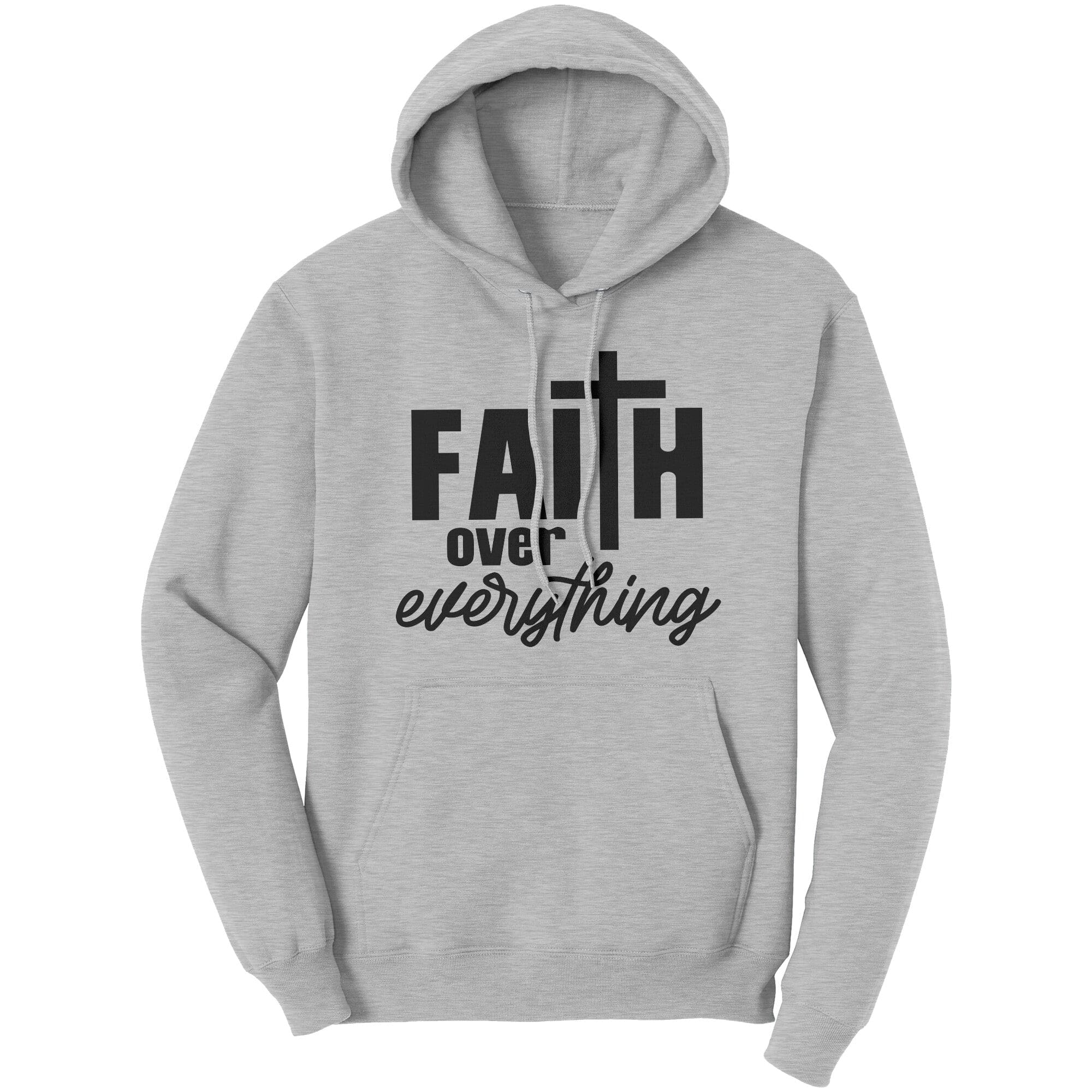 A cozy Graphic Hoodie Sweatshirt featuring a 'Faith Over Everything' design, made from soft cotton fleece material.