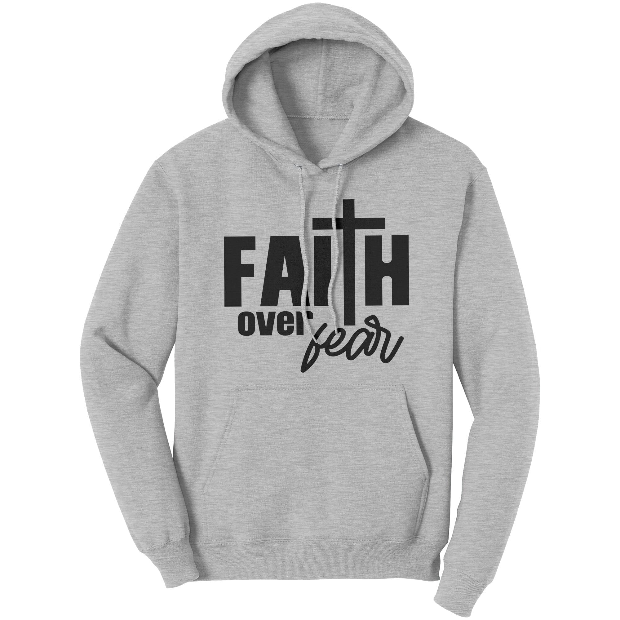 Graphic hoodie sweatshirt featuring 'Faith Over Fear' design, made from soft cotton fleece material.