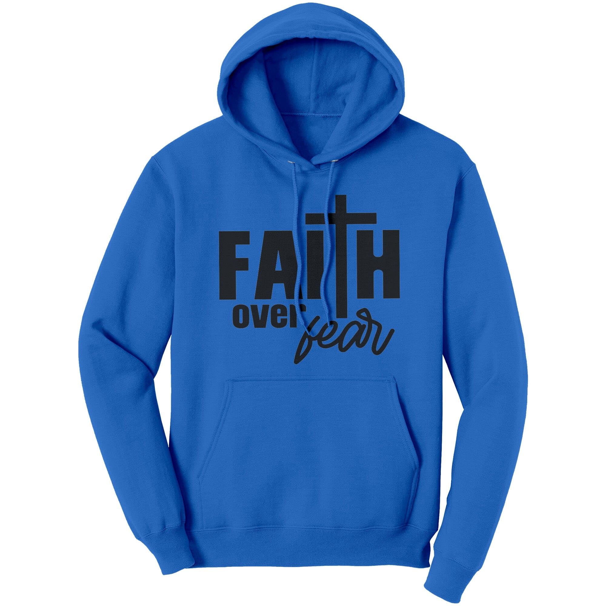 Graphic hoodie sweatshirt featuring 'Faith Over Fear' design, made from soft cotton fleece material.