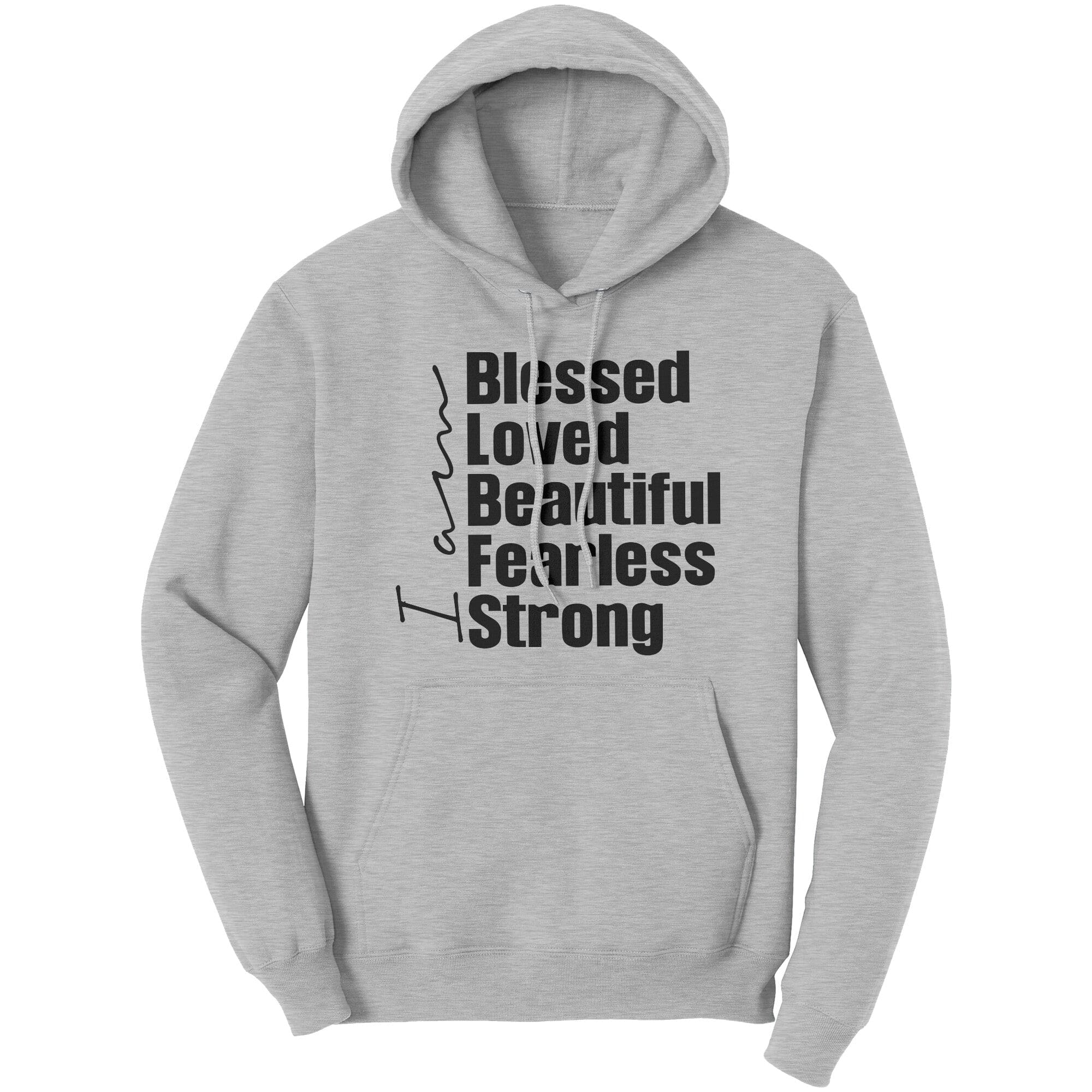 A cozy graphic hoodie sweatshirt featuring the phrase 'I am Blessed' in bold lettering, made from soft cotton fleece material.