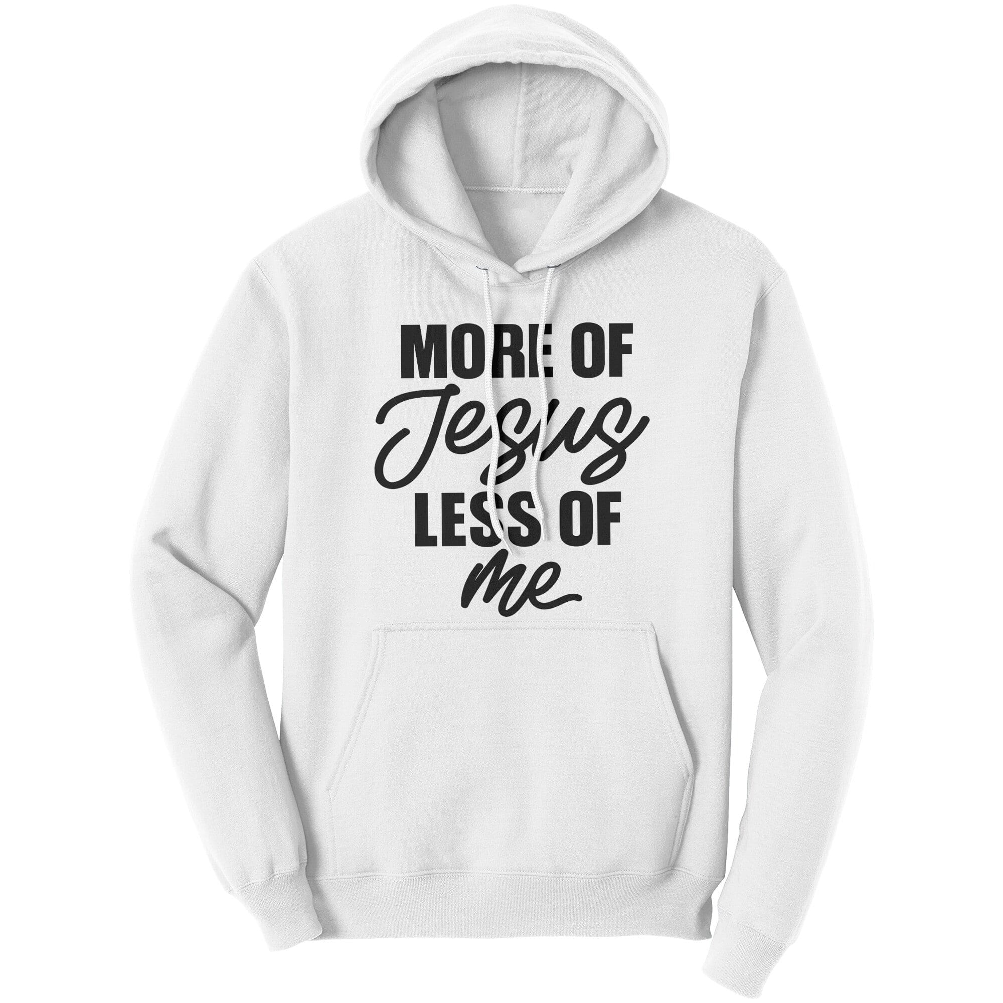 A cozy Graphic Hoodie Sweatshirt featuring the phrase 'More of Jesus Less of Me' in a stylish font, made from soft cotton fleece material.