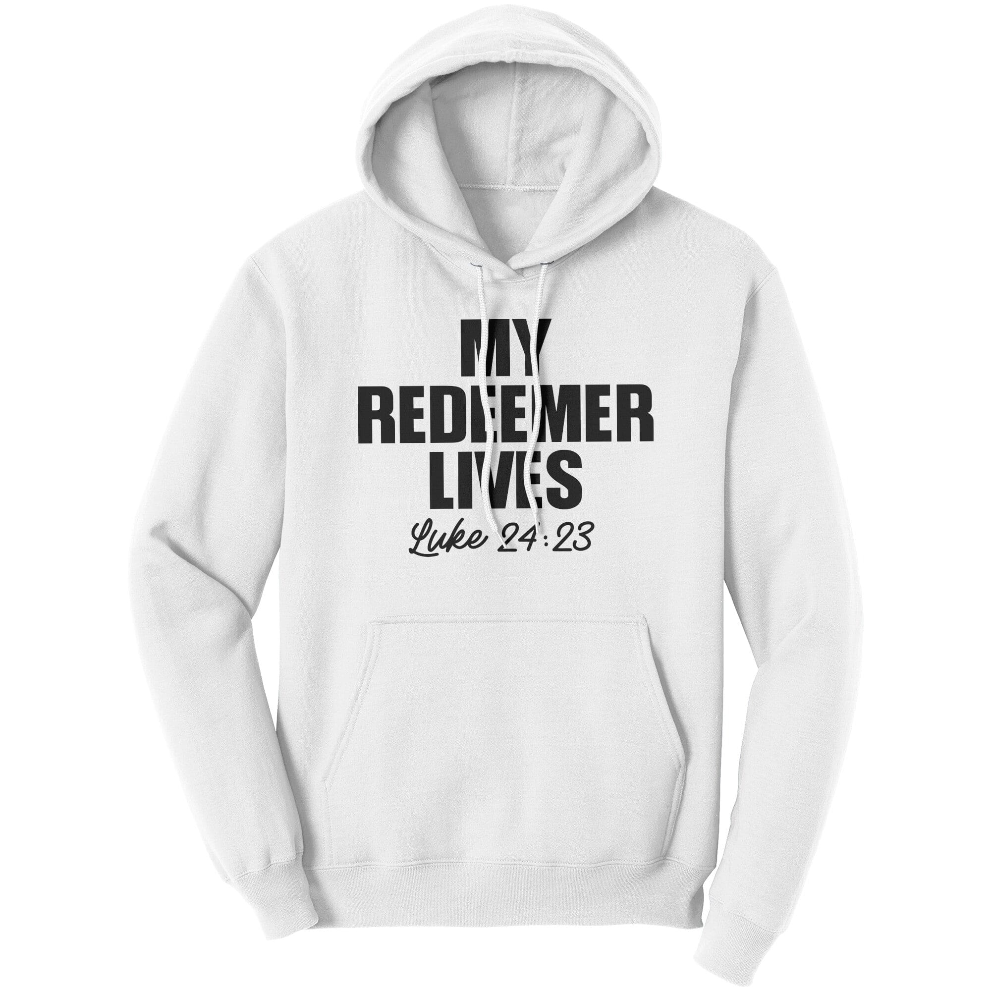 Graphic hoodie sweatshirt featuring 'My Redeemer Lives' design, made from soft cotton fleece.