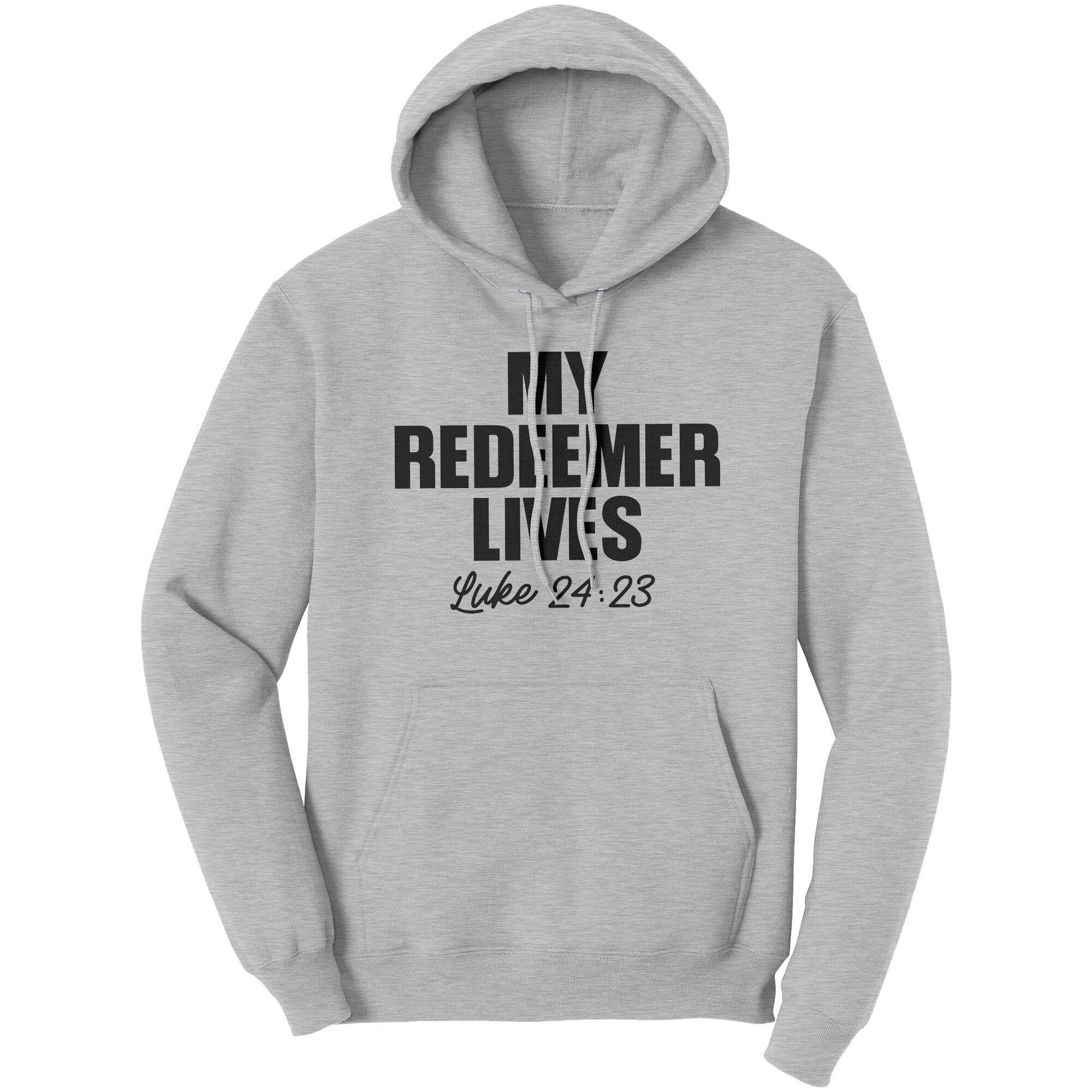 Graphic hoodie sweatshirt featuring 'My Redeemer Lives' design, made from soft cotton fleece.