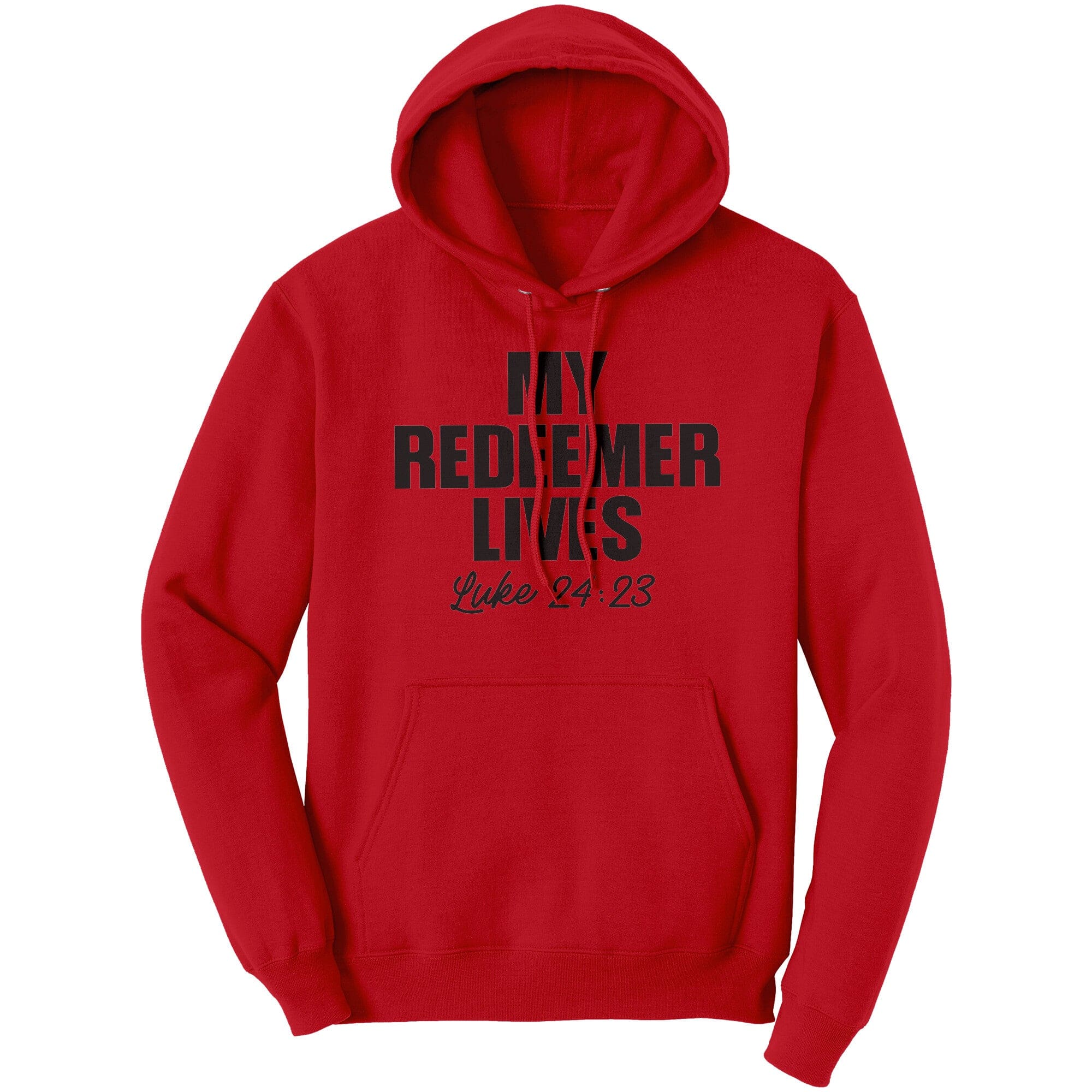 Graphic hoodie sweatshirt featuring 'My Redeemer Lives' design, made from soft cotton fleece.