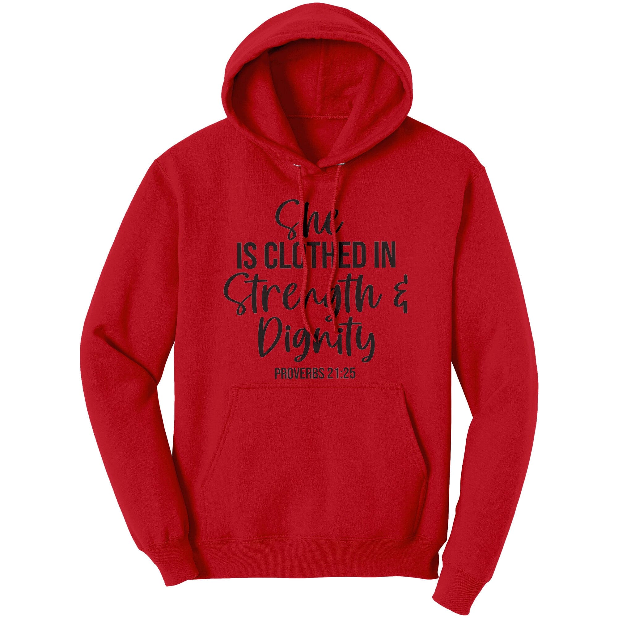 Graphic hoodie sweatshirt featuring the phrase 'She is Clothed in Dignity', made from soft cotton fleece.