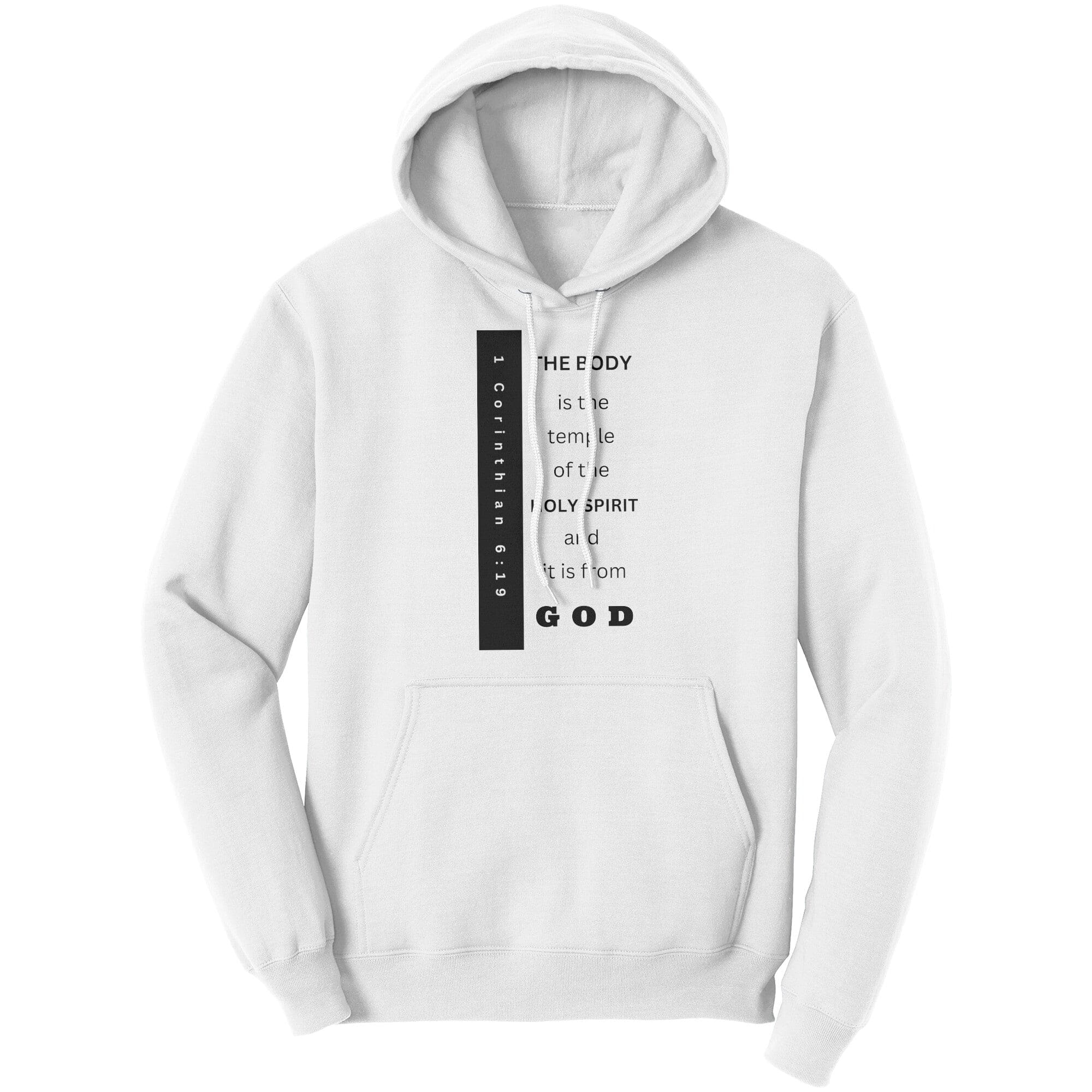 A cozy graphic hoodie featuring the phrase 'the Body is the Temple of the Holy Spirit' in bold lettering, made from soft cotton fleece.