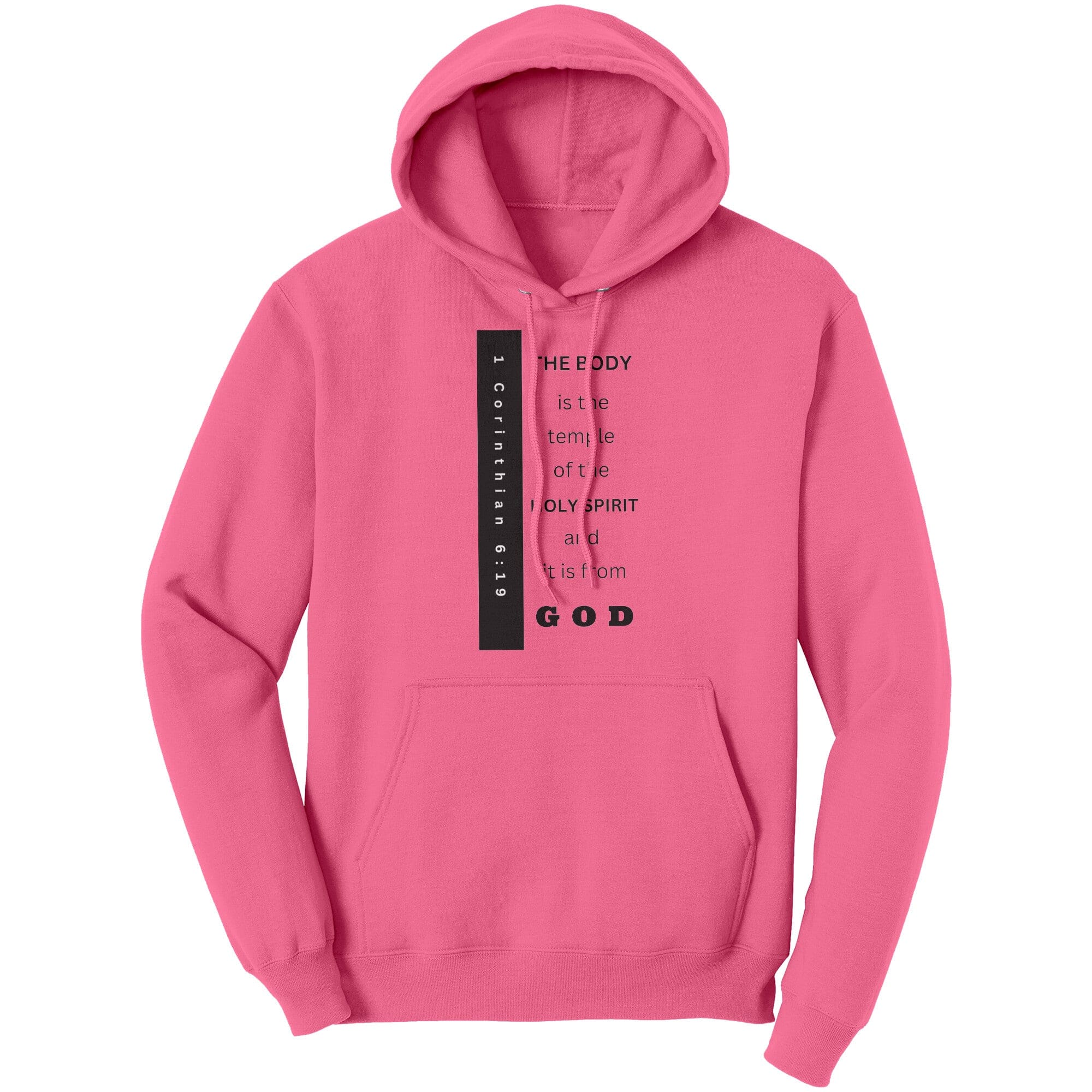 A cozy graphic hoodie featuring the phrase 'the Body is the Temple of the Holy Spirit' in bold lettering, made from soft cotton fleece.