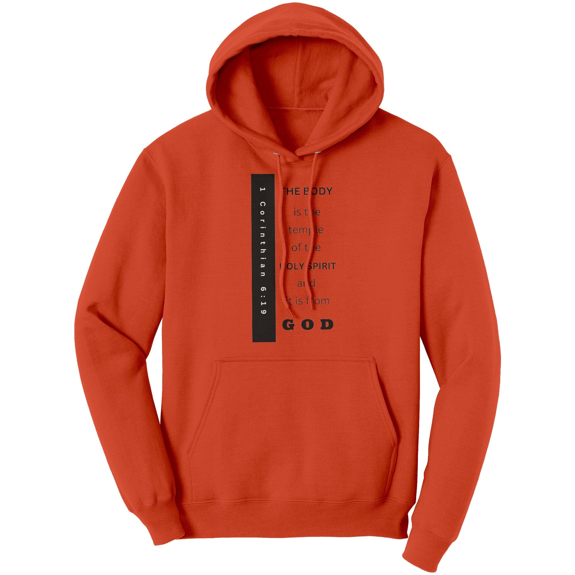 A cozy graphic hoodie featuring the phrase 'the Body is the Temple of the Holy Spirit' in bold lettering, made from soft cotton fleece.