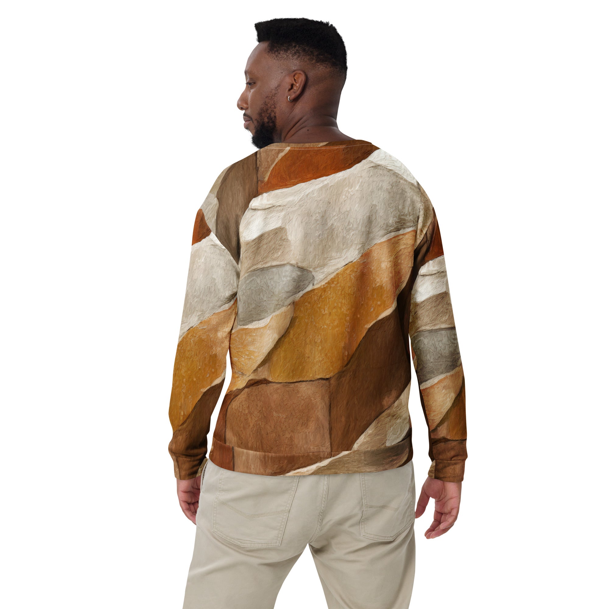 Men's graphic sweatshirt featuring an abstract stone pattern, showcasing a stylish design with a double-lined hood and front pouch pocket.