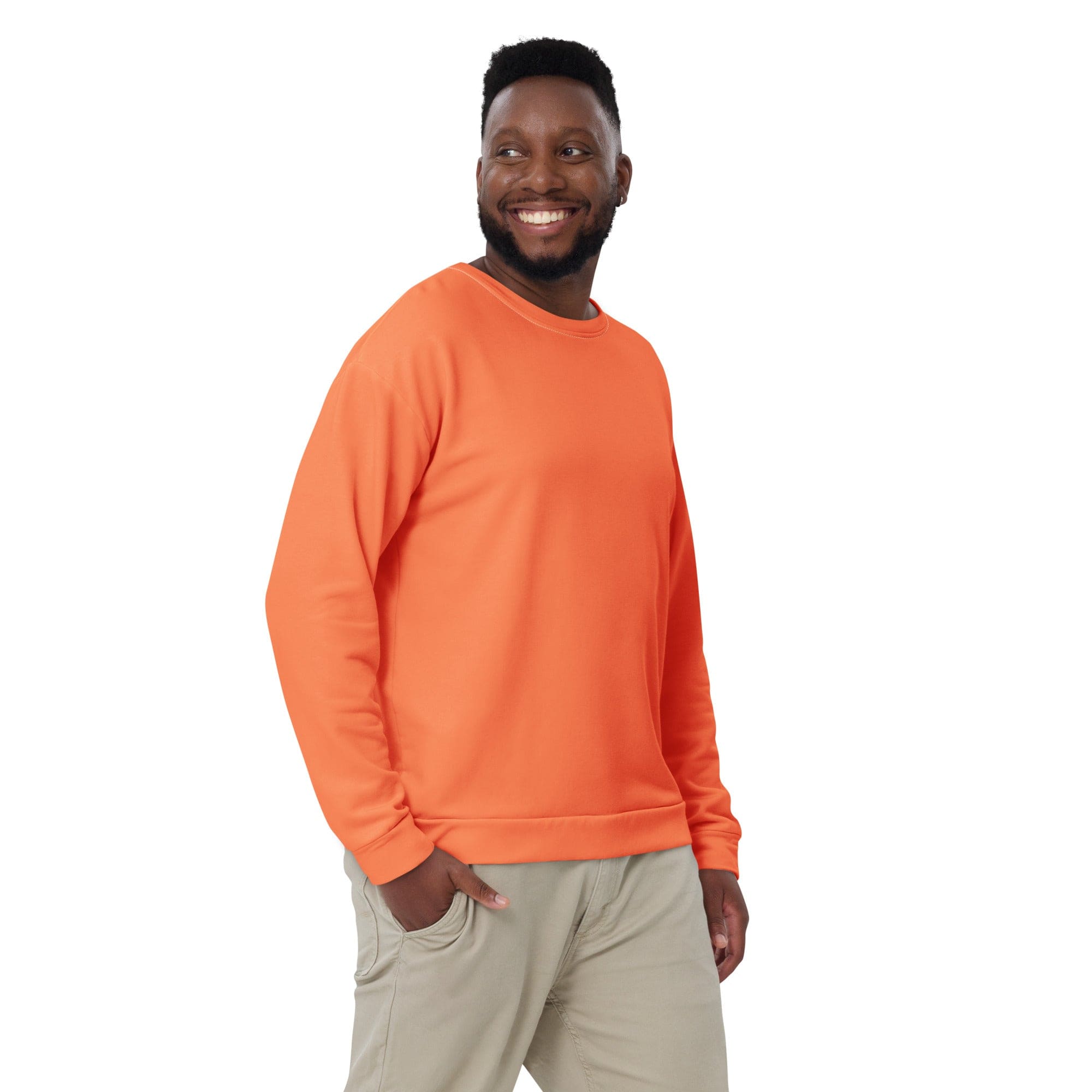 Men's graphic sweatshirt in coral orange red with dynamic print, featuring a crew neck, ribbed cuffs, and front pouch pocket.