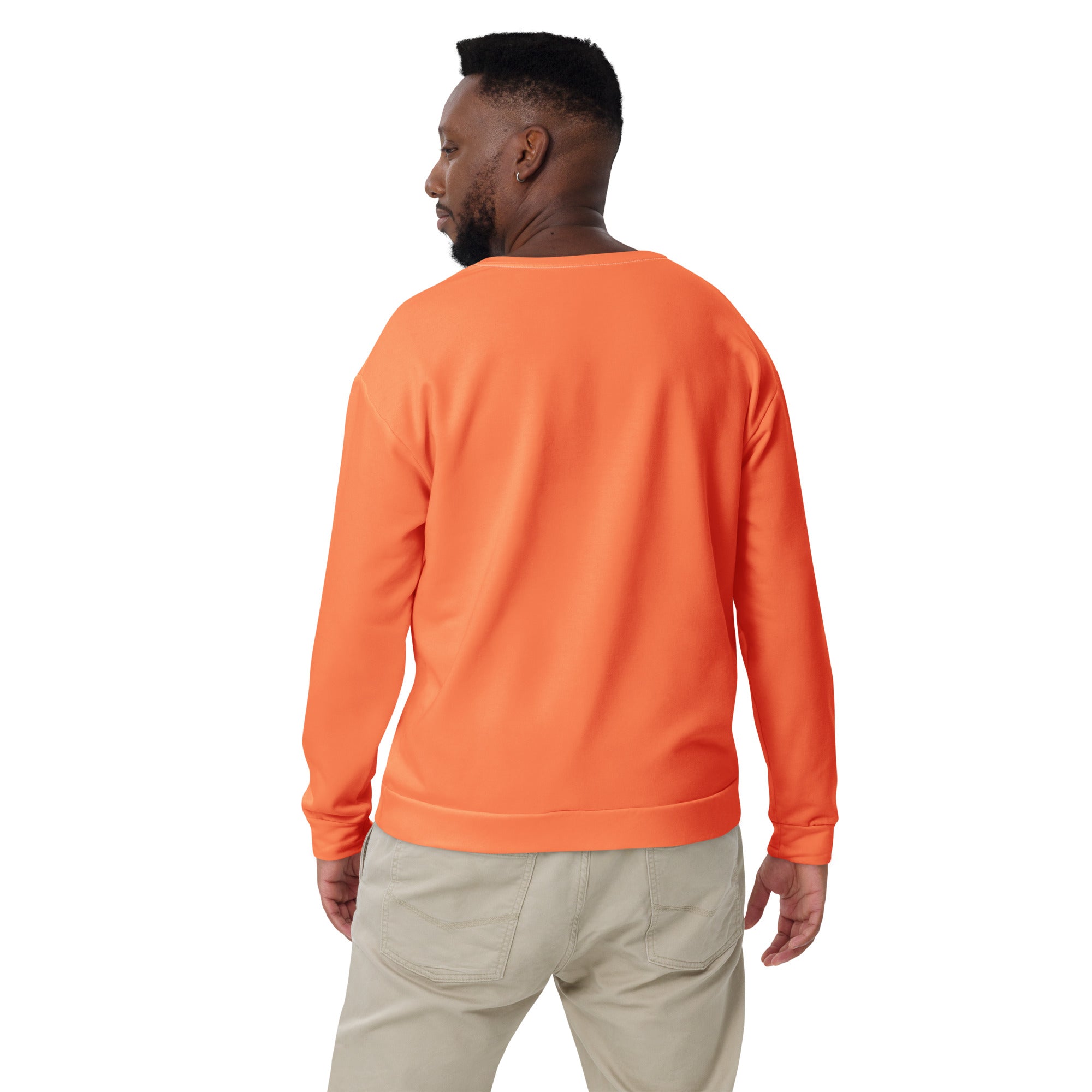 Men's graphic sweatshirt in coral orange red with dynamic print, featuring a crew neck, ribbed cuffs, and front pouch pocket.