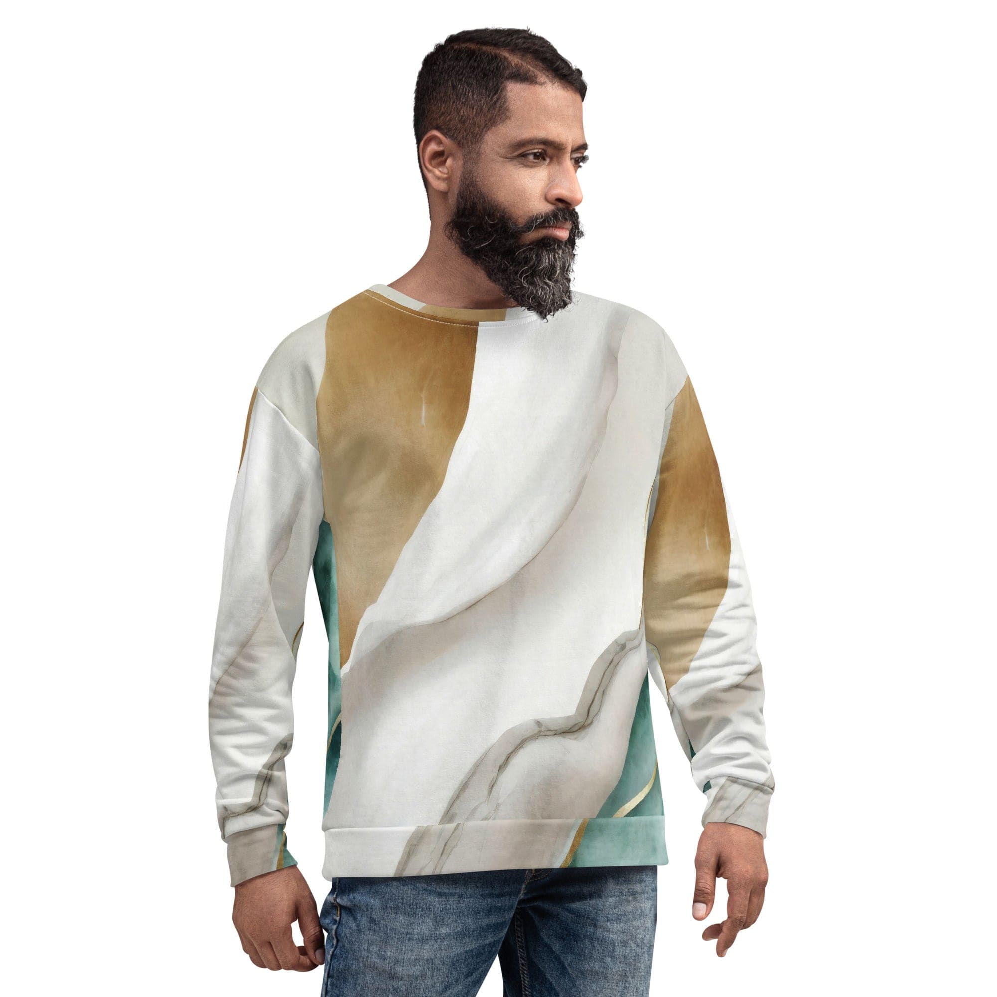 Men's graphic sweatshirt featuring a cream and white marbled pattern, showcasing a soft brushed fleece interior and durable fabric.