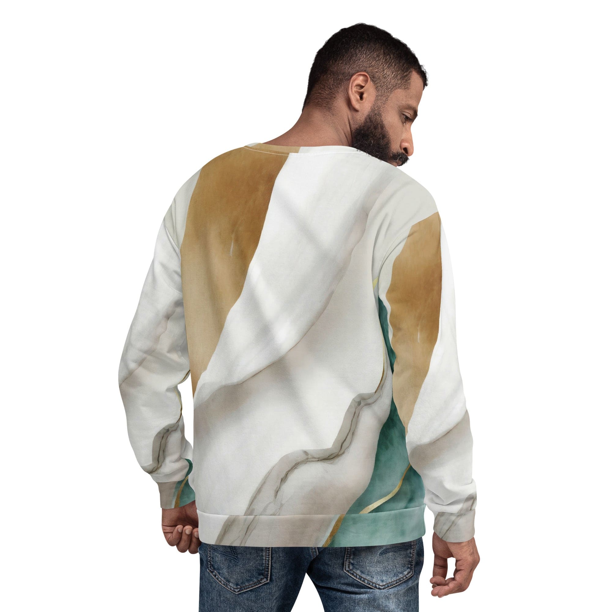 Men's graphic sweatshirt featuring a cream and white marbled pattern, showcasing a soft brushed fleece interior and durable fabric.