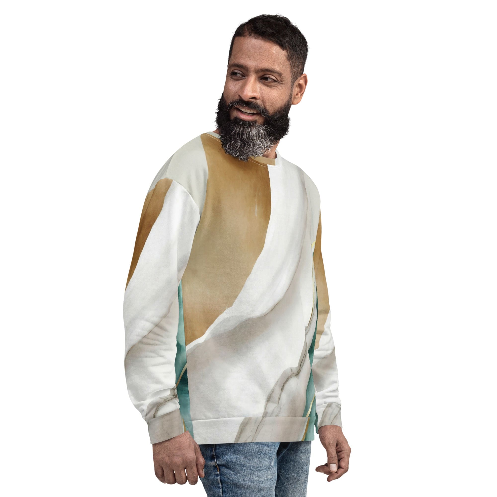 Men's graphic sweatshirt featuring a cream and white marbled pattern, showcasing a soft brushed fleece interior and durable fabric.