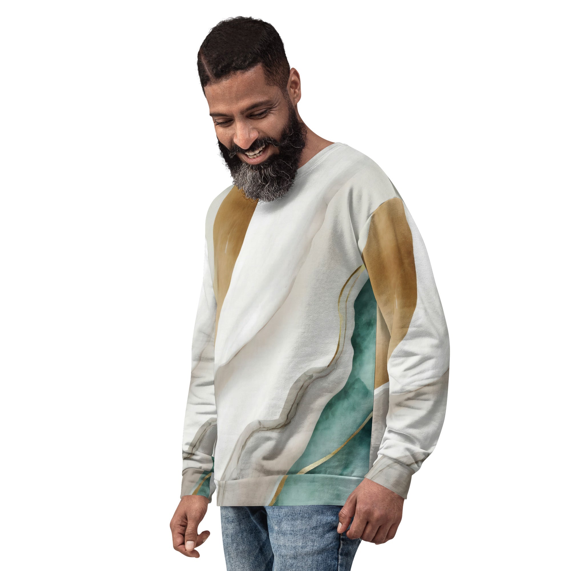 Men's graphic sweatshirt featuring a cream and white marbled pattern, showcasing a soft brushed fleece interior and durable fabric.