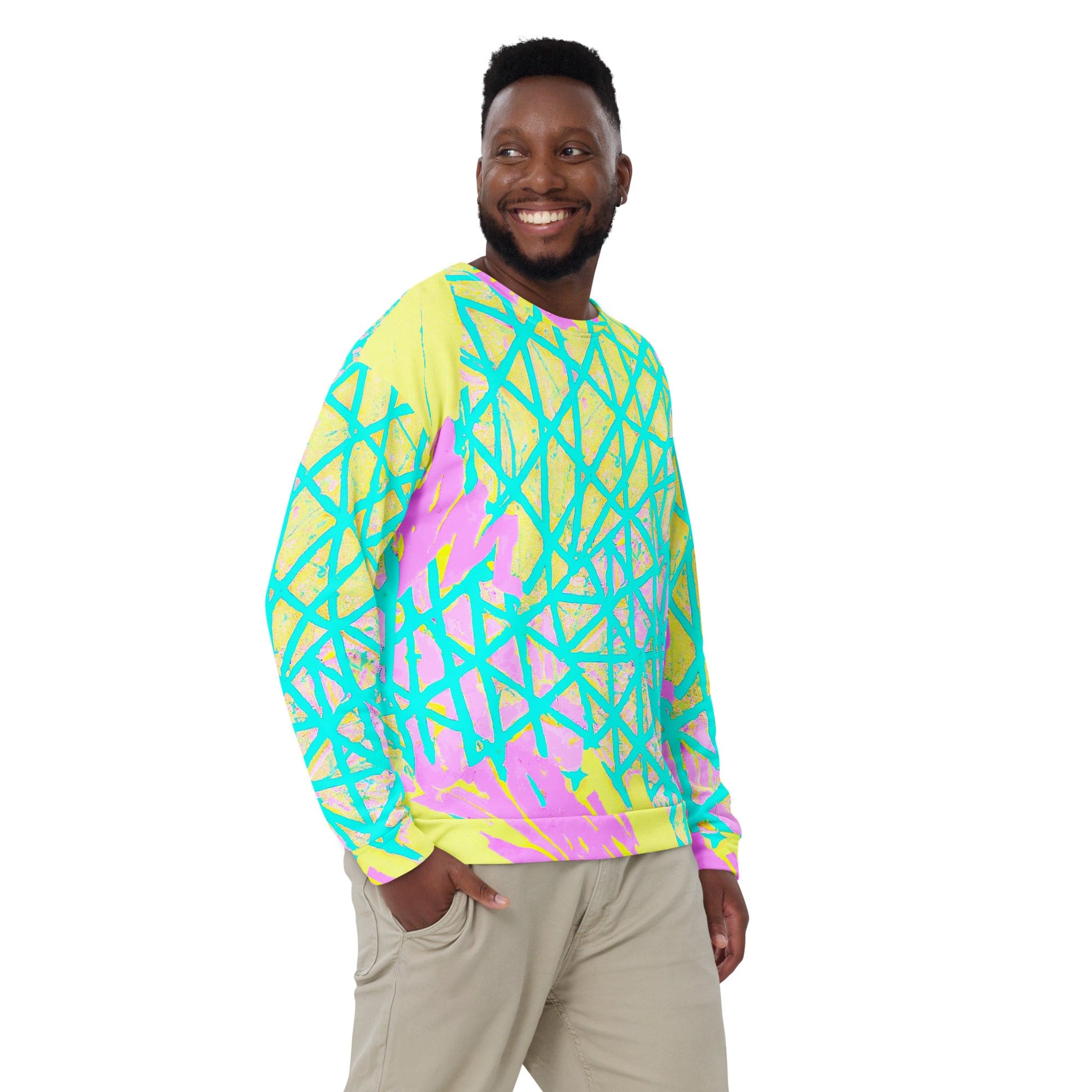 Men's graphic sweatshirt featuring a vibrant cyan blue, lime green, and pink pattern, designed for comfort and style.