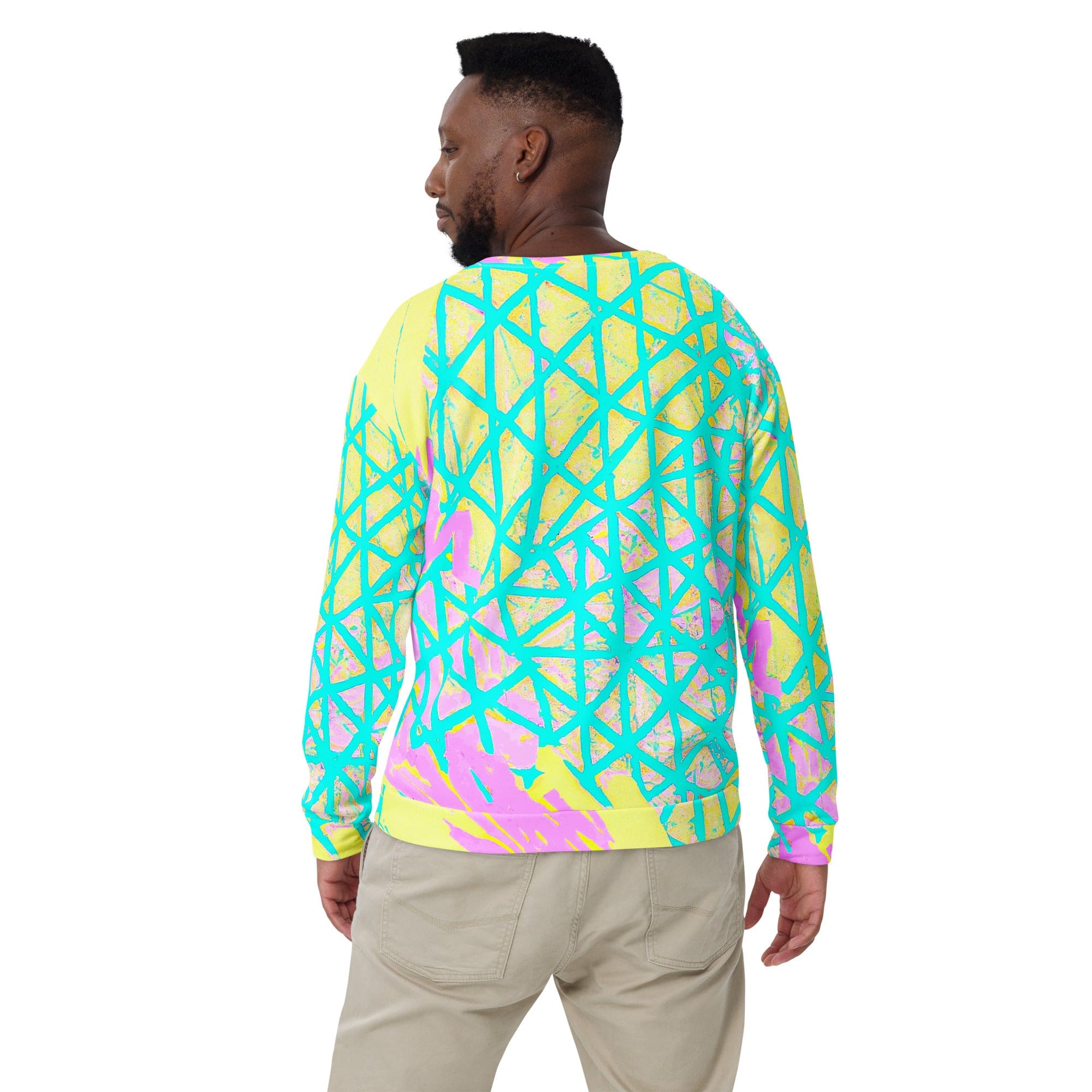 Men's graphic sweatshirt featuring a vibrant cyan blue, lime green, and pink pattern, designed for comfort and style.