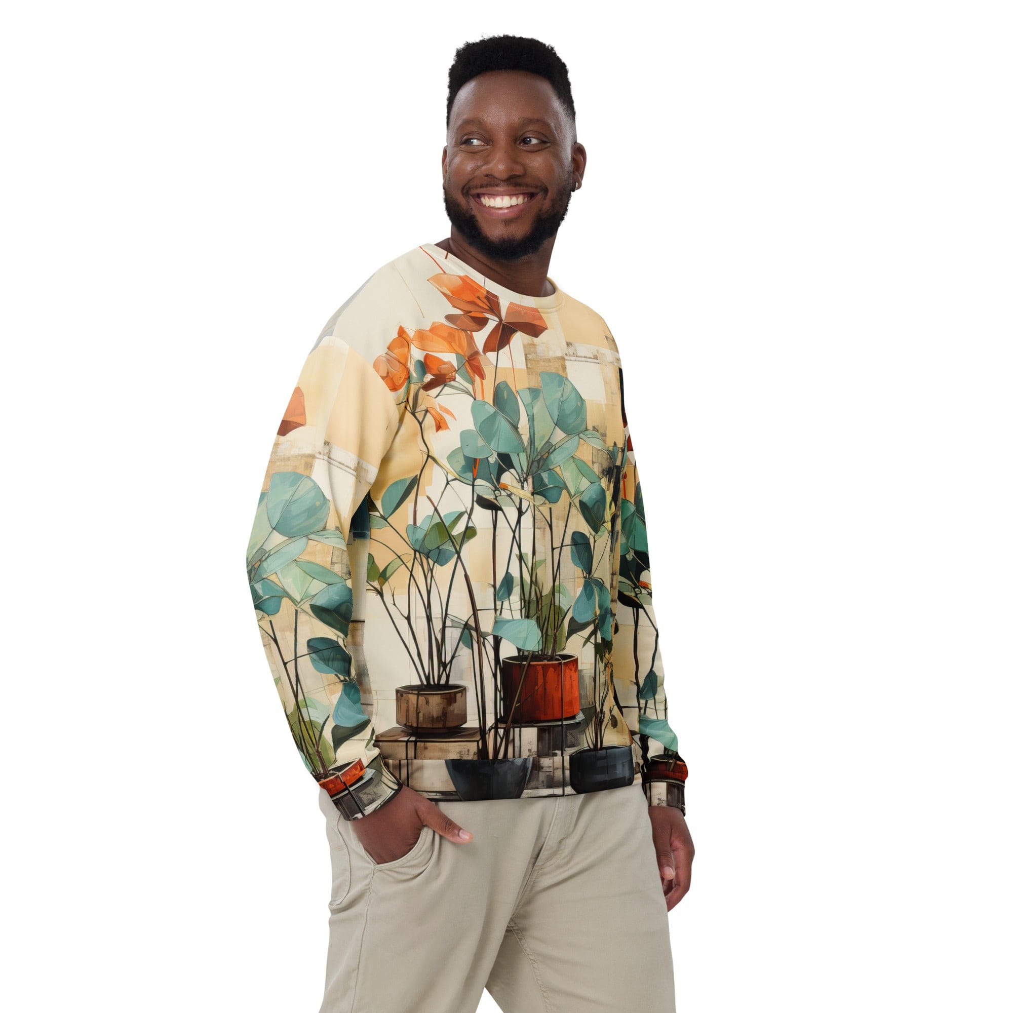 Men's graphic sweatshirt featuring rustic botanical plants design, showcasing vibrant colors and a comfortable fit.