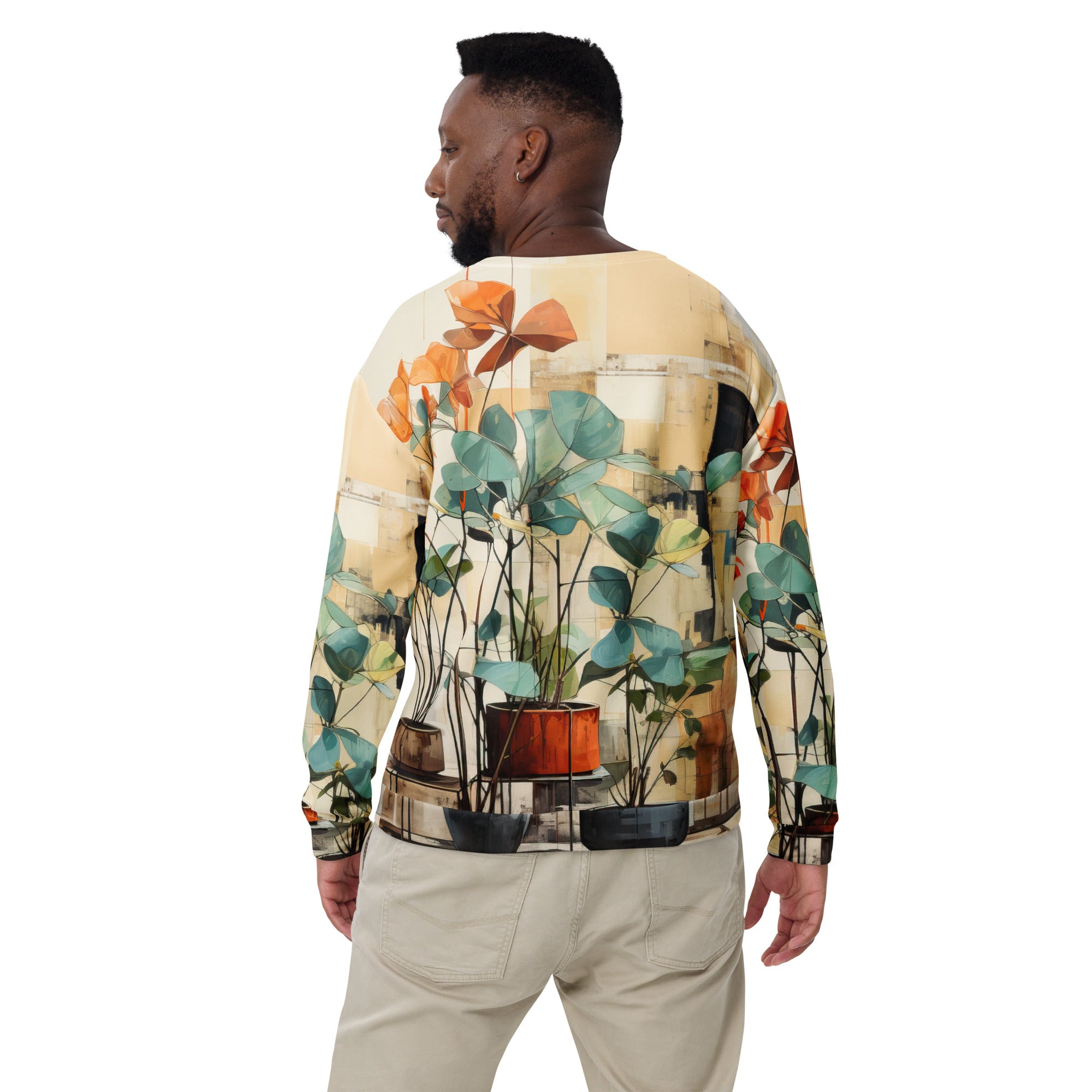 Men's graphic sweatshirt featuring rustic botanical plants design, showcasing vibrant colors and a comfortable fit.