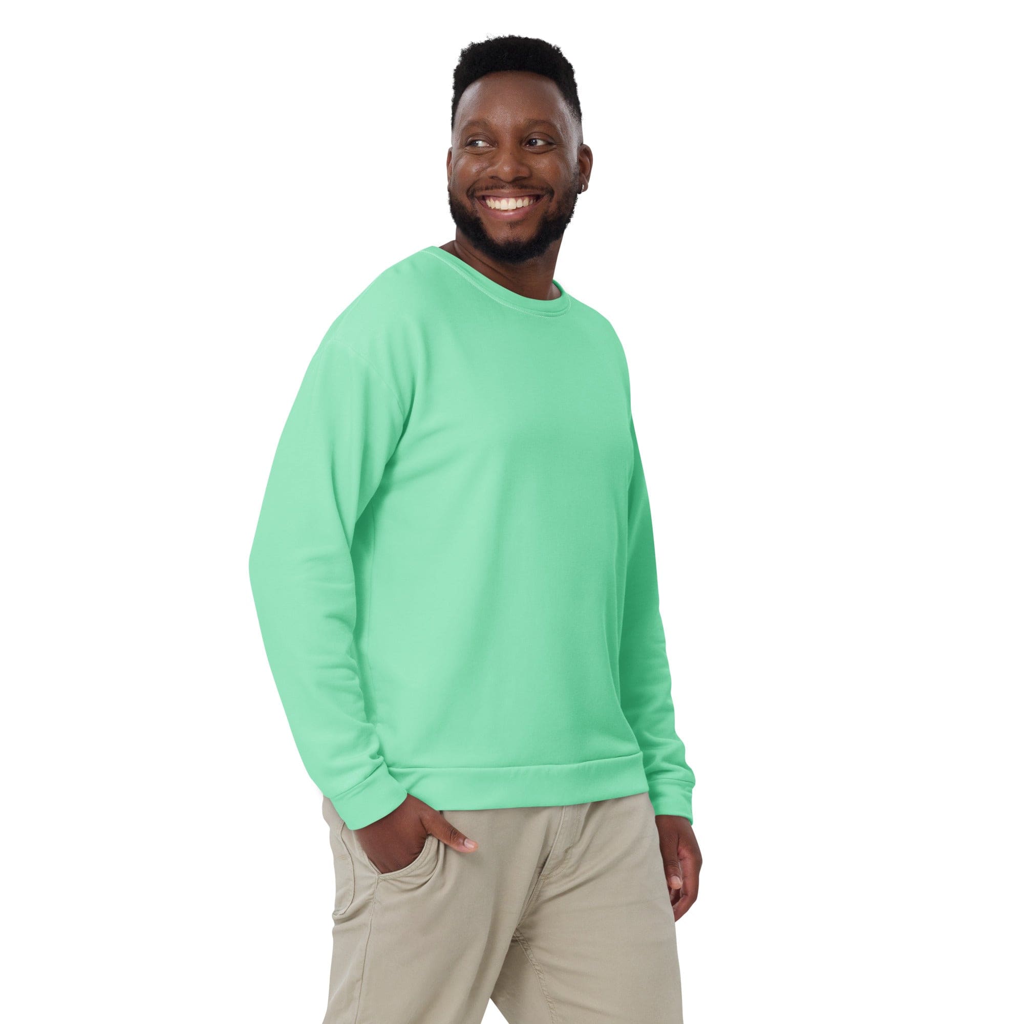 Men's seafoam green graphic sweatshirt featuring a dynamic all-over print, crew neck, and front pouch pocket.