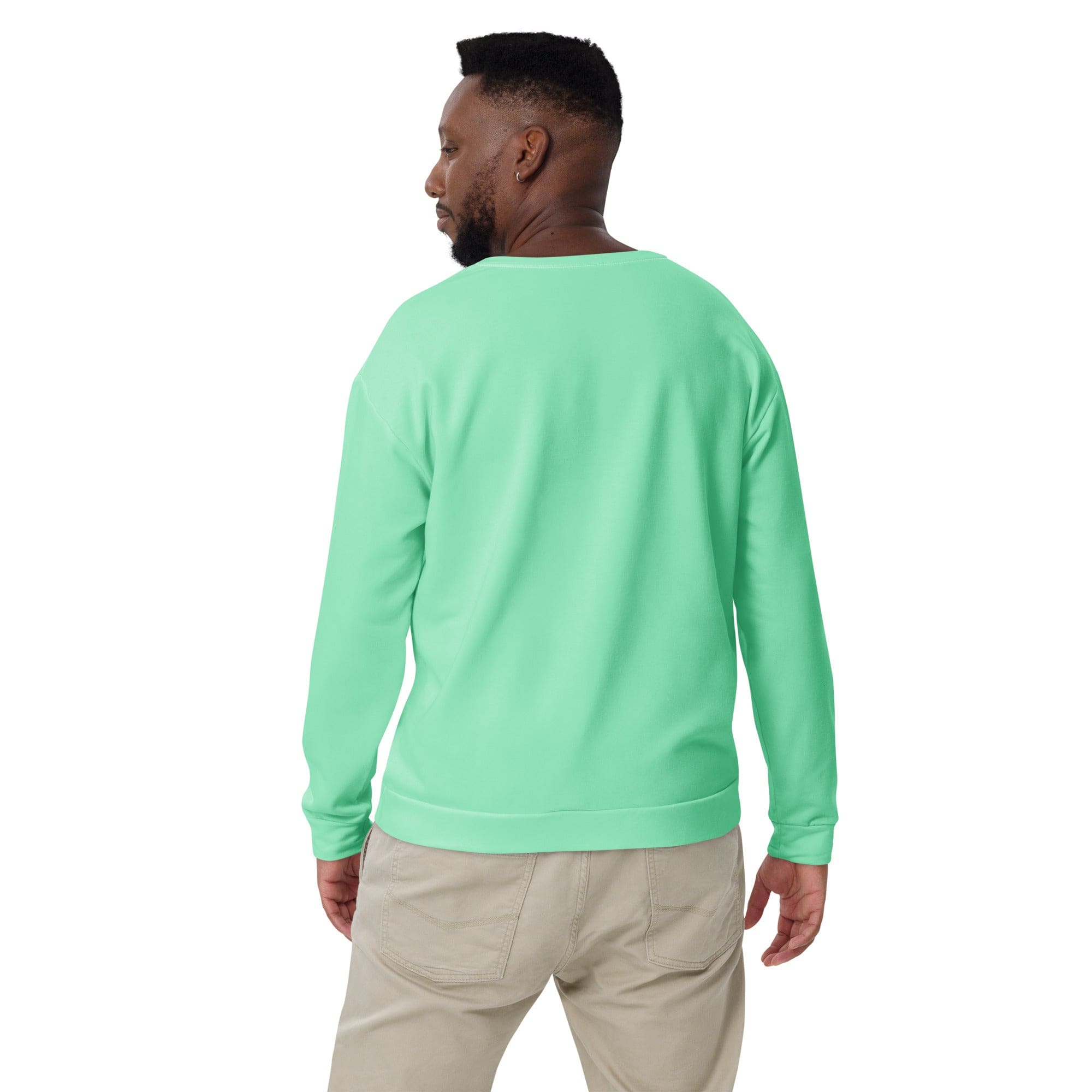 Men's seafoam green graphic sweatshirt featuring a dynamic all-over print, crew neck, and front pouch pocket.