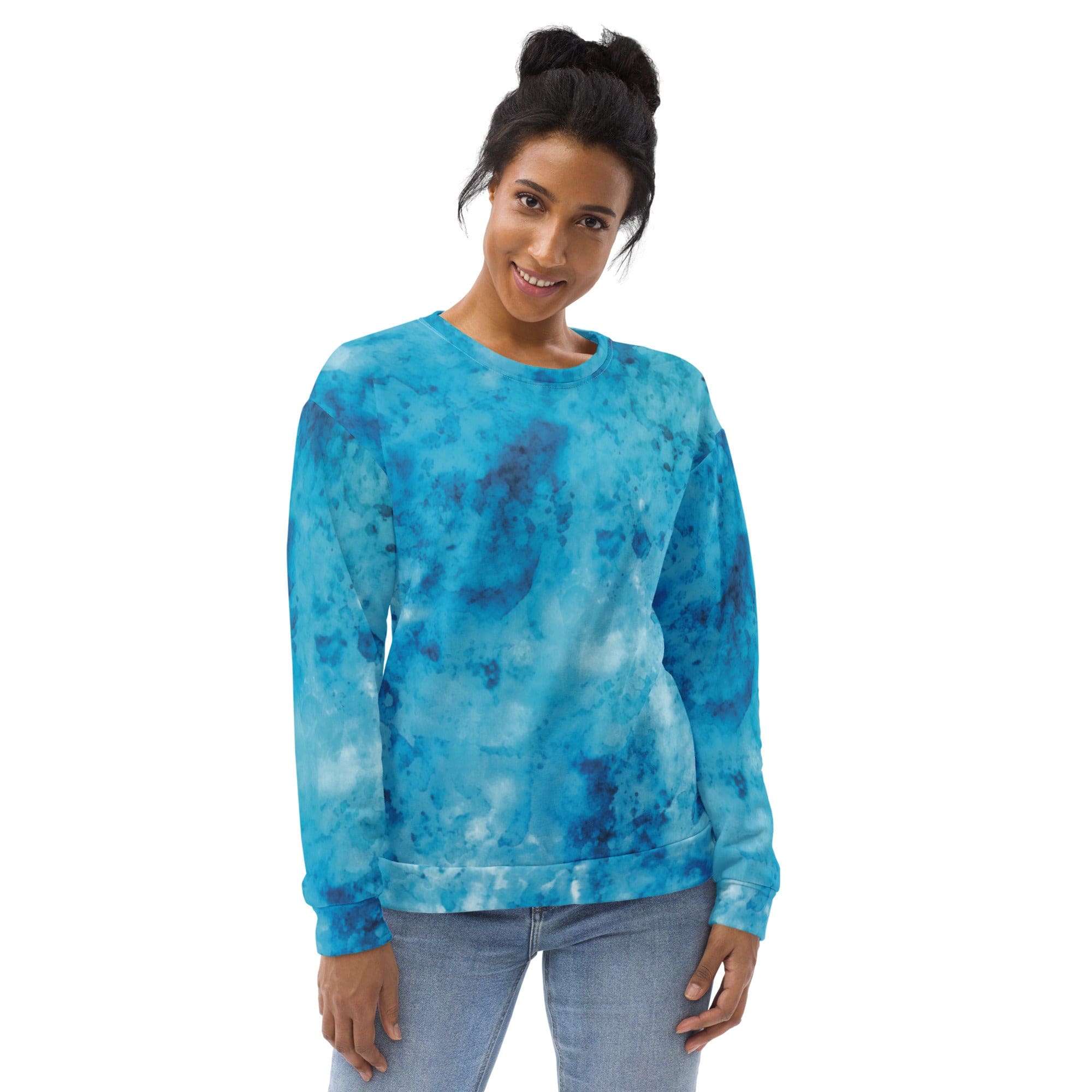 A stylish blue marble print graphic sweatshirt for women, featuring a crew neck, ribbed cuffs, and a front pouch pocket.