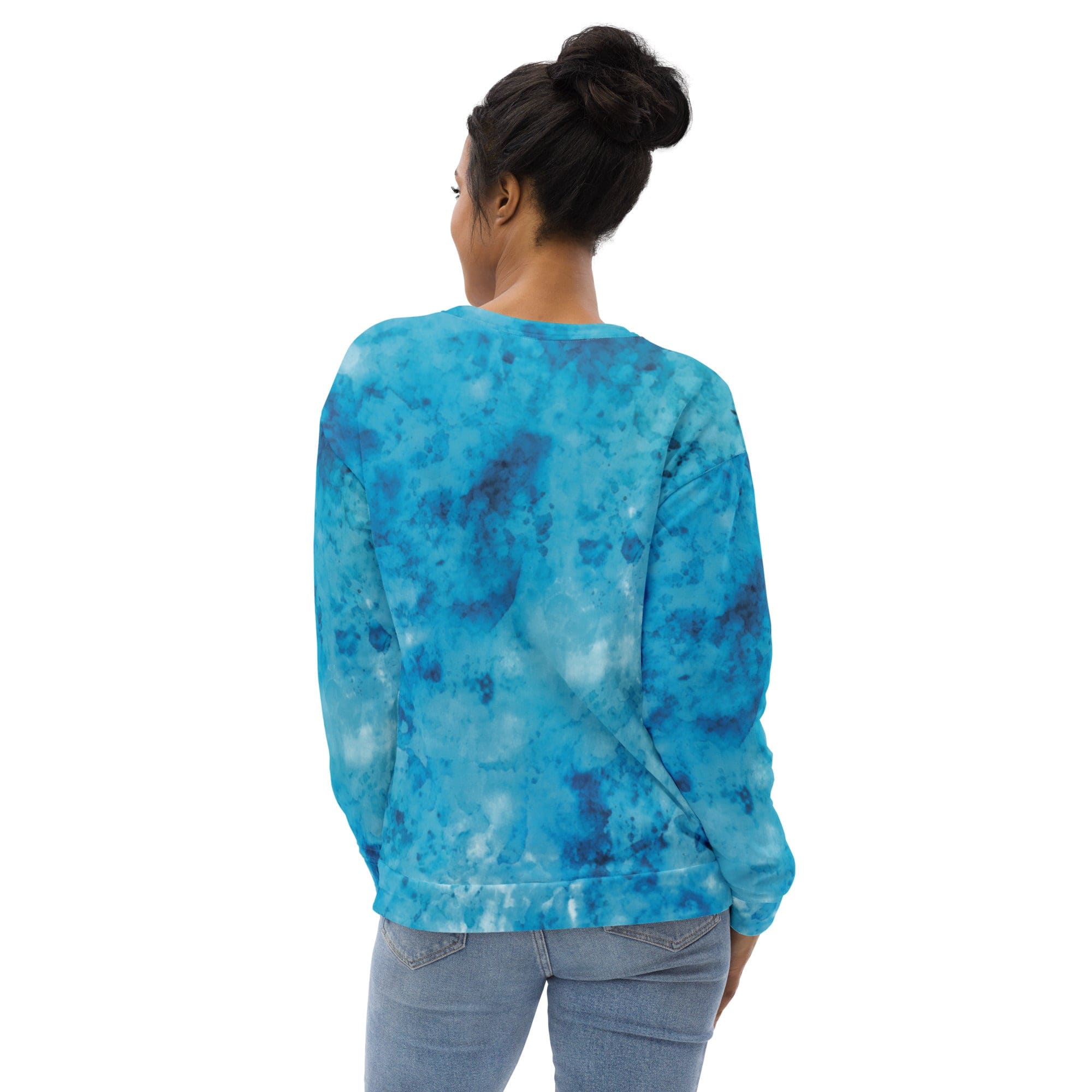 A stylish blue marble print graphic sweatshirt for women, featuring a crew neck, ribbed cuffs, and a front pouch pocket.