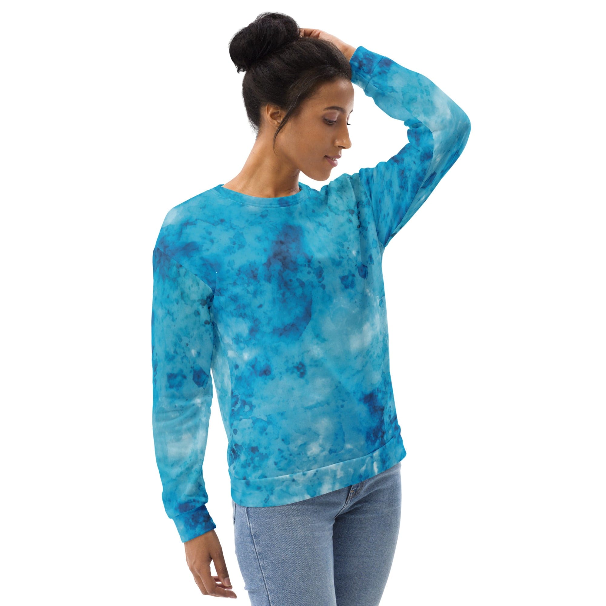 A stylish blue marble print graphic sweatshirt for women, featuring a crew neck, ribbed cuffs, and a front pouch pocket.